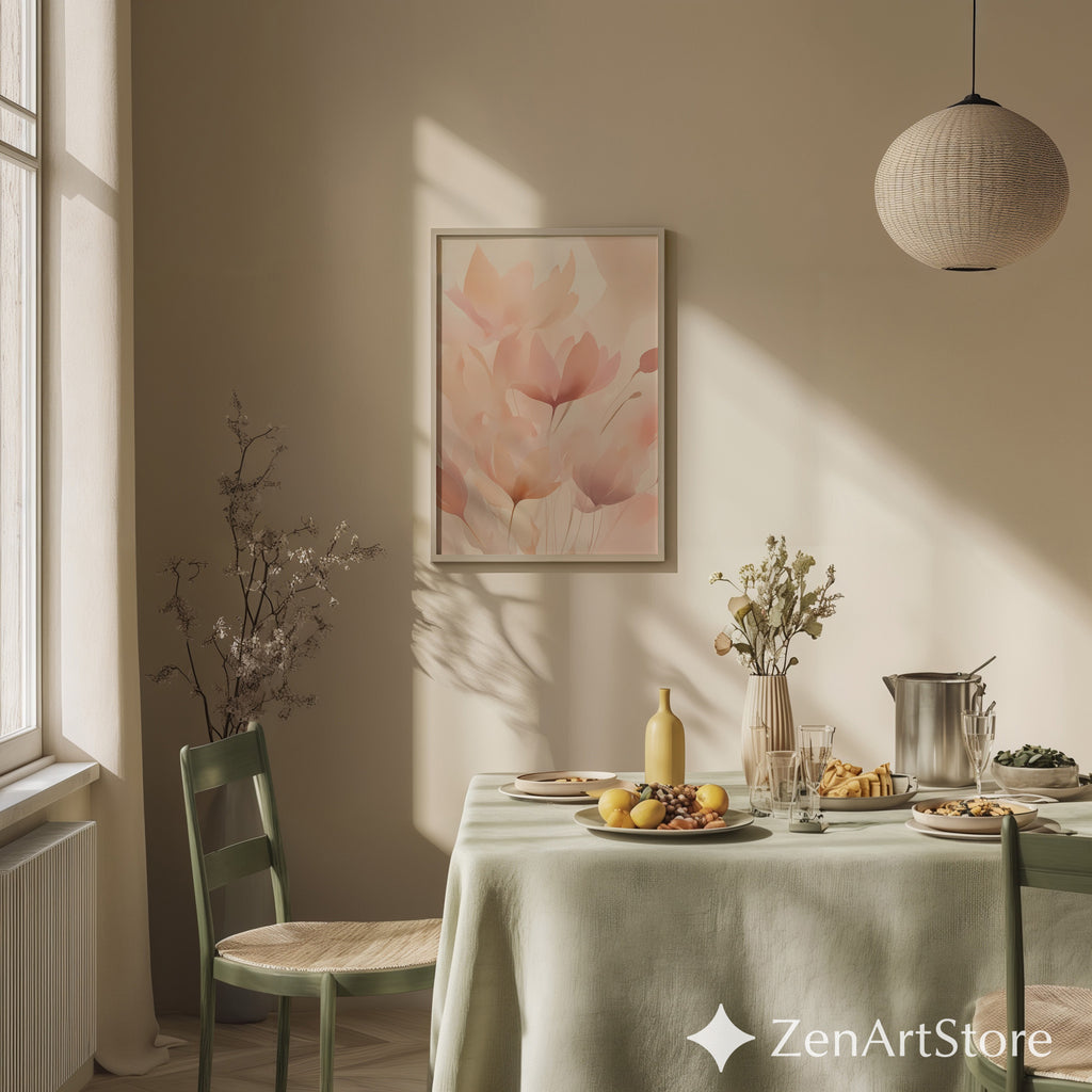 Blush Botanical Wall Art - Soft Pink Floral Abstract Print for Living Room Bedroom Nursery - Minimal Japandi Neutral Home Decor