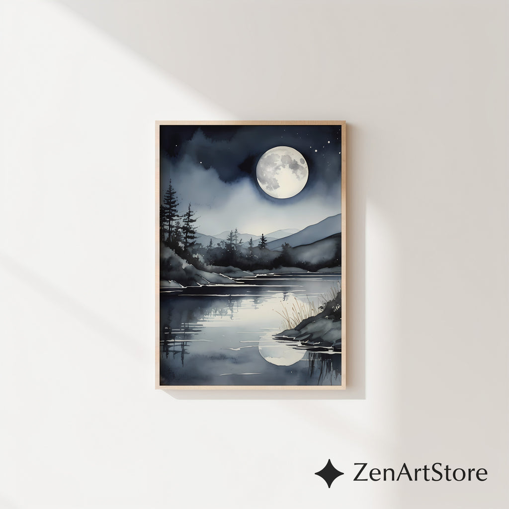 Moonlight Lake Watercolor Print - Night Sky Reflection Wall Art, Minimal Scandinavian Moon Landscape for Bedroom