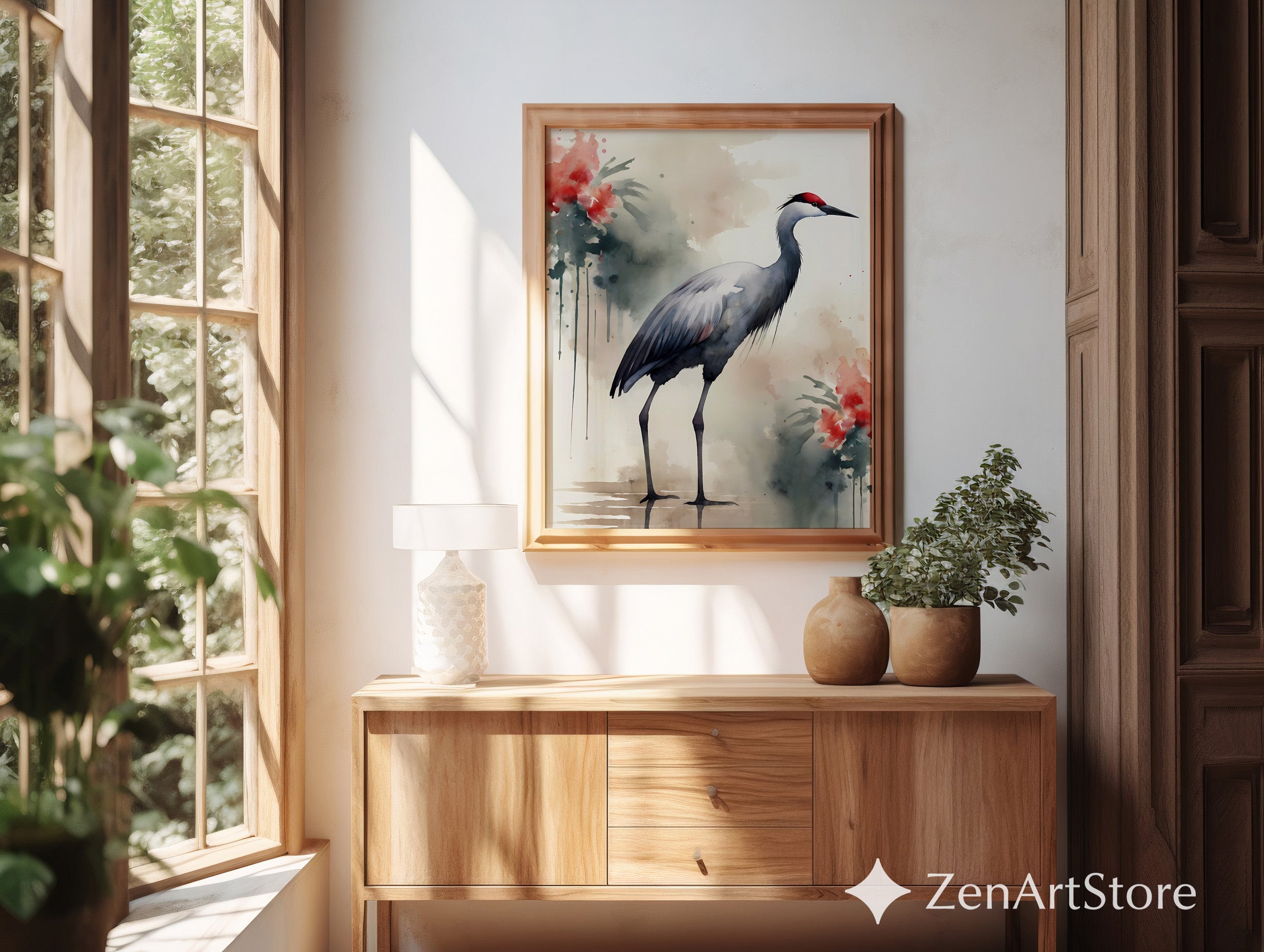Watercolor Crane Wall Art Print - Japandi Wabi Sabi Heron Painting, Neutral Zen Botanical Home Decor