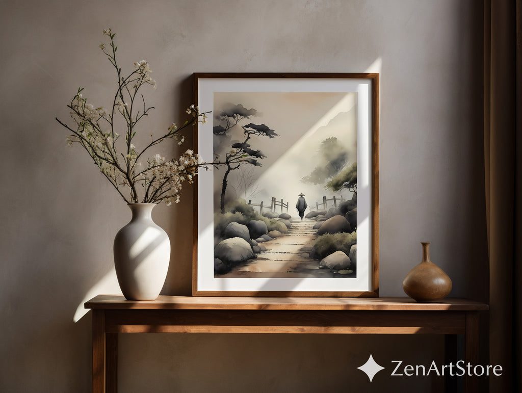 Misty Japanese Pathway Zen Landscape Print - Minimal Japandi Wall Art, Neutral Sumi-e Home Decor