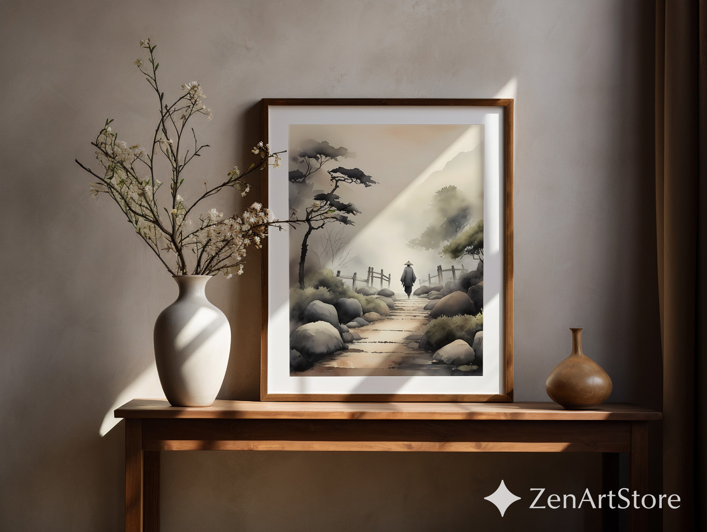Misty Japanese Pathway Zen Landscape Print - Minimal Japandi Wall Art, Neutral Sumi-e Home Decor