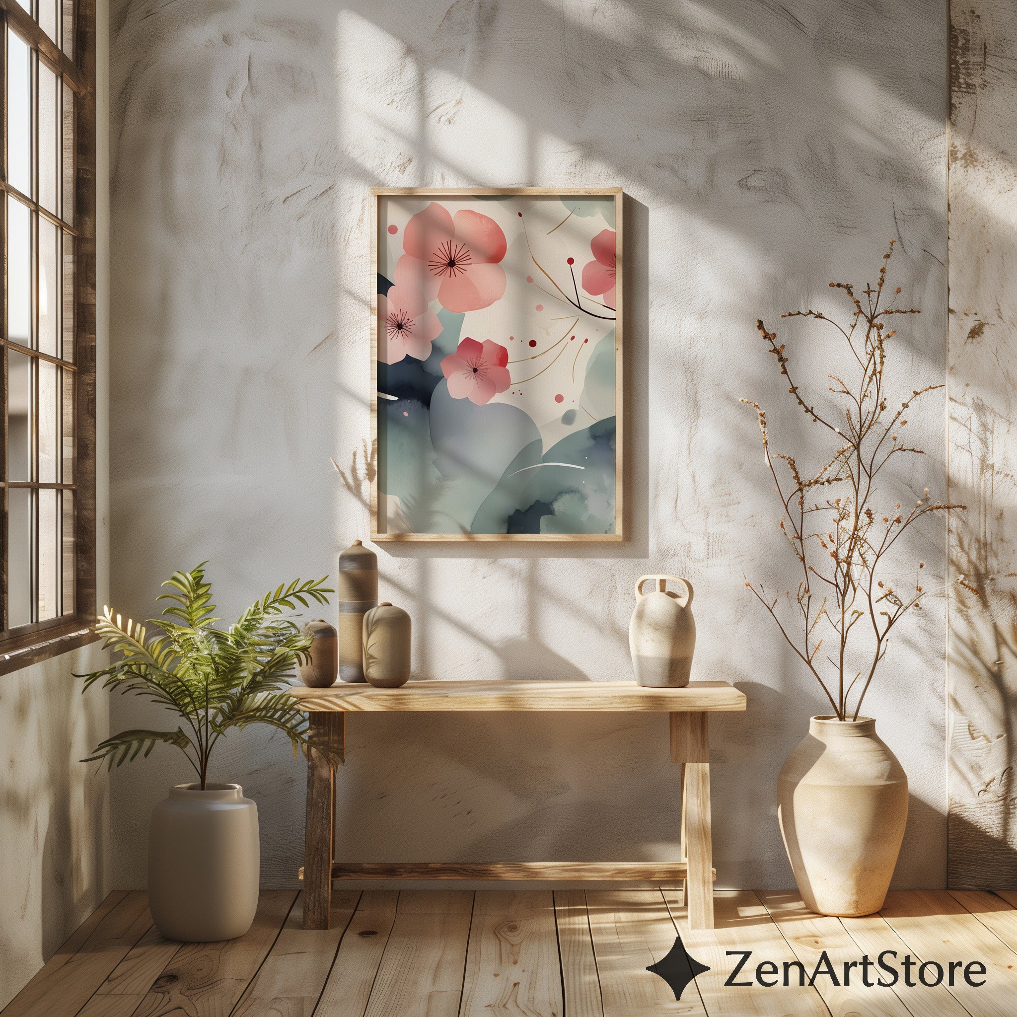 Zen Sakura Abstract Printable Wall Art - Minimal Japanese Cherry Blossom Calm Poster