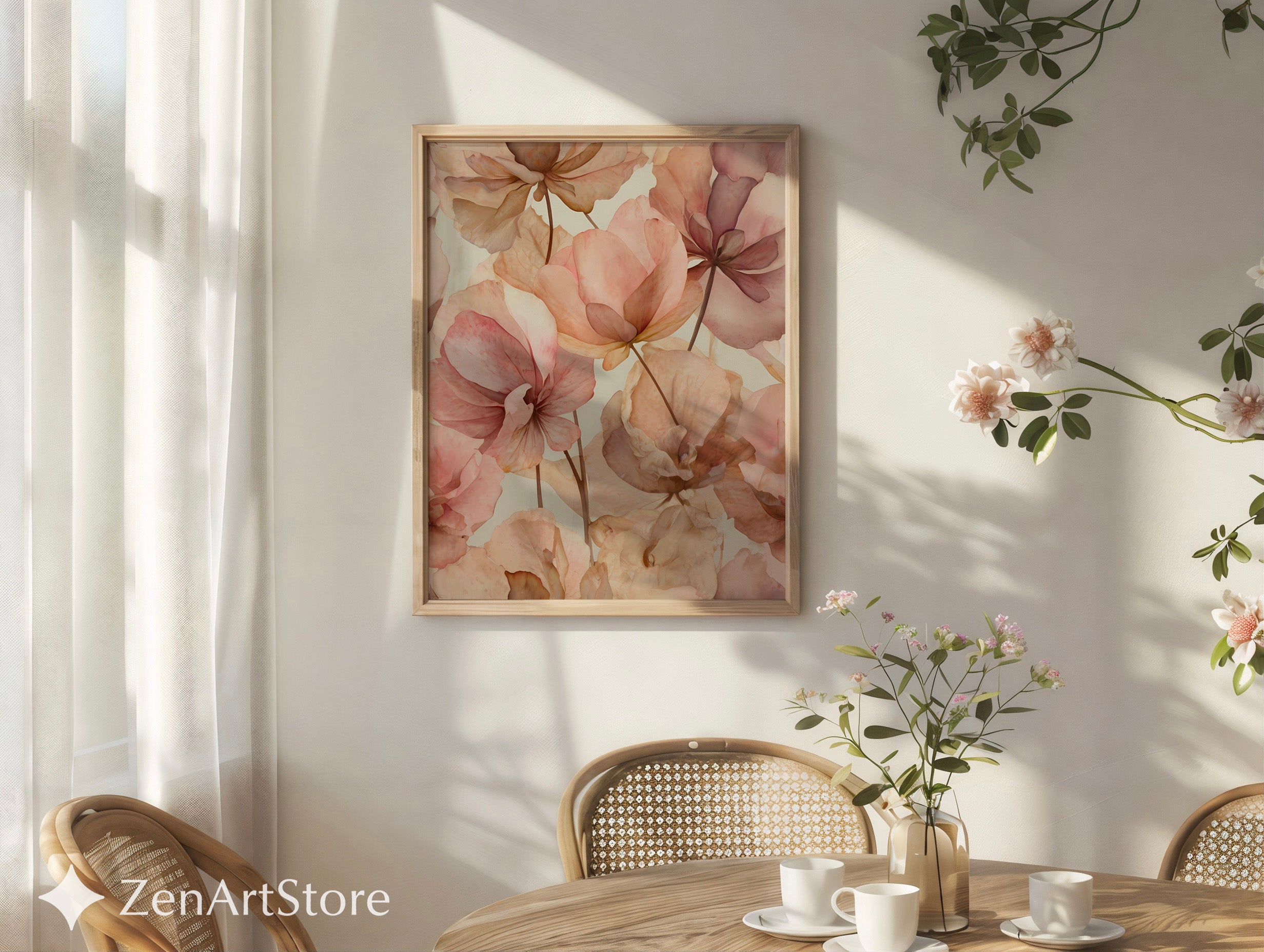 Blush Floral Wall Art Print - Soft Pink Beige Botanical Canvas for Neutral Japandi, Minimal Home Decor