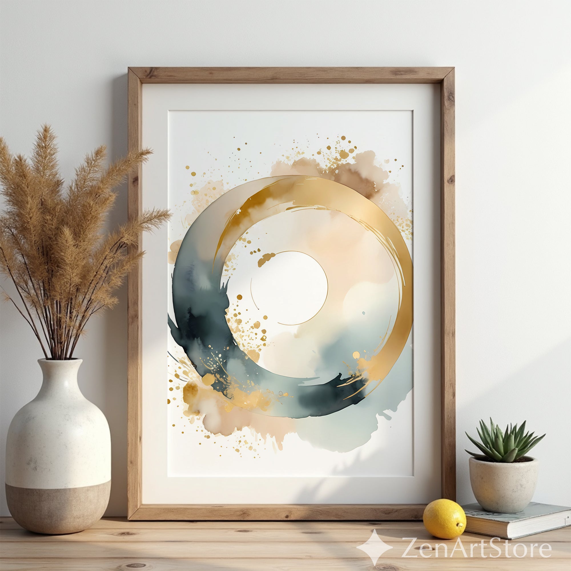Gold Enso Circle Abstract Wall Art - Minimal Japandi Neutral Watercolor Print for Modern Zen Home Decor