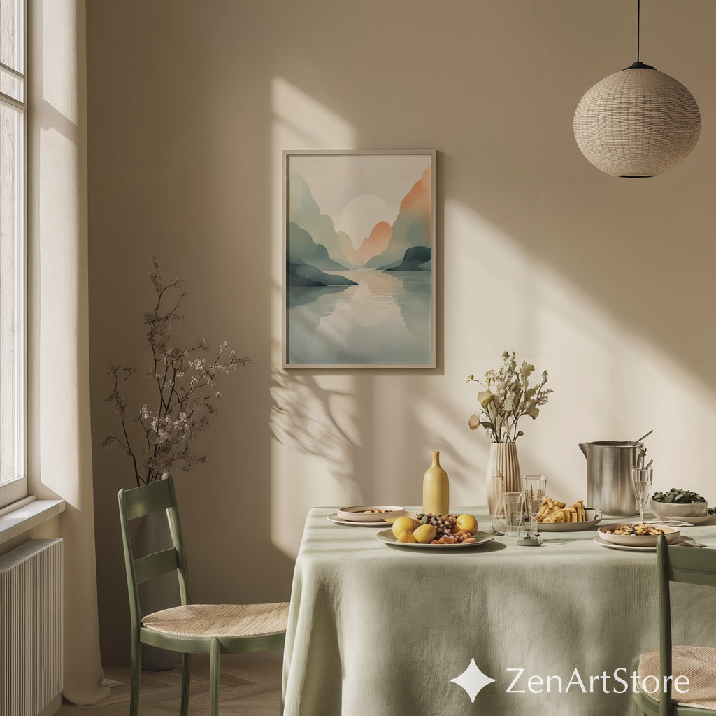Serene Pastel Mountain Landscape Print – Minimal Japandi Wall Art, Calm Neutral Abstract Sunset