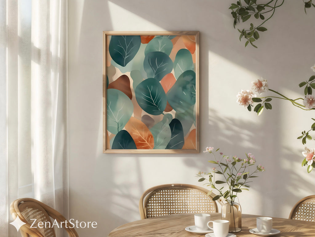 Abstract Botanical Leaf Art Print Teal & Terracotta Minimal Japandi Scandinavian Wall Decor