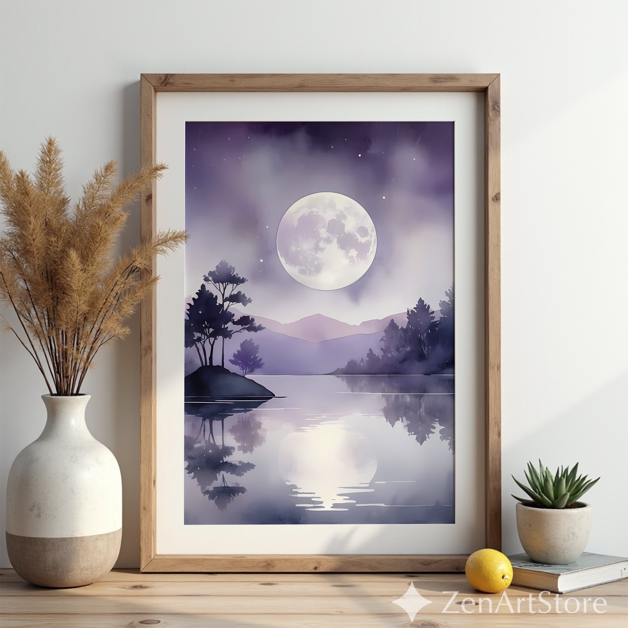 Moonlight Lake Watercolor Print — Purple Minimalist Landscape Wall Art for Bedroom, Zen Japandi Home Decor