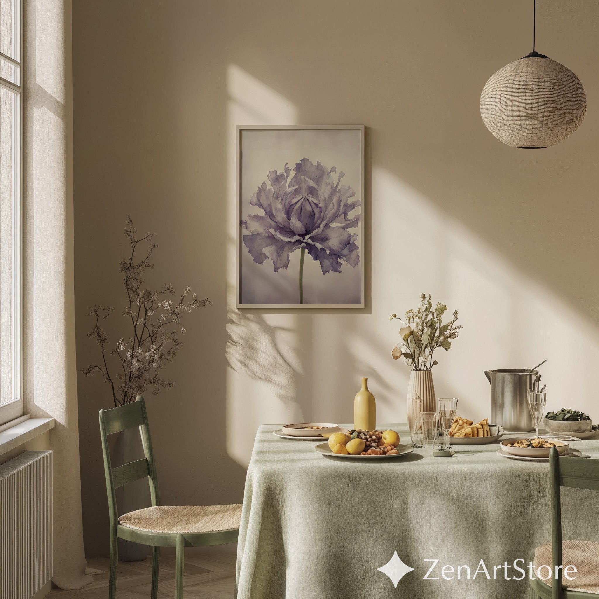 Lavender Peony Botanical Wall Art Print - Minimal Floral Fine Art for Scandinavian Japandi Wabi Sabi Home Decor