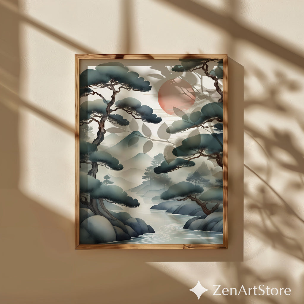 Zen Japanese Landscape Print Misty Pines & Red Sun - Japandi Minimalist Wall Art, Calm Neutral Home Decor (Print or Digital)