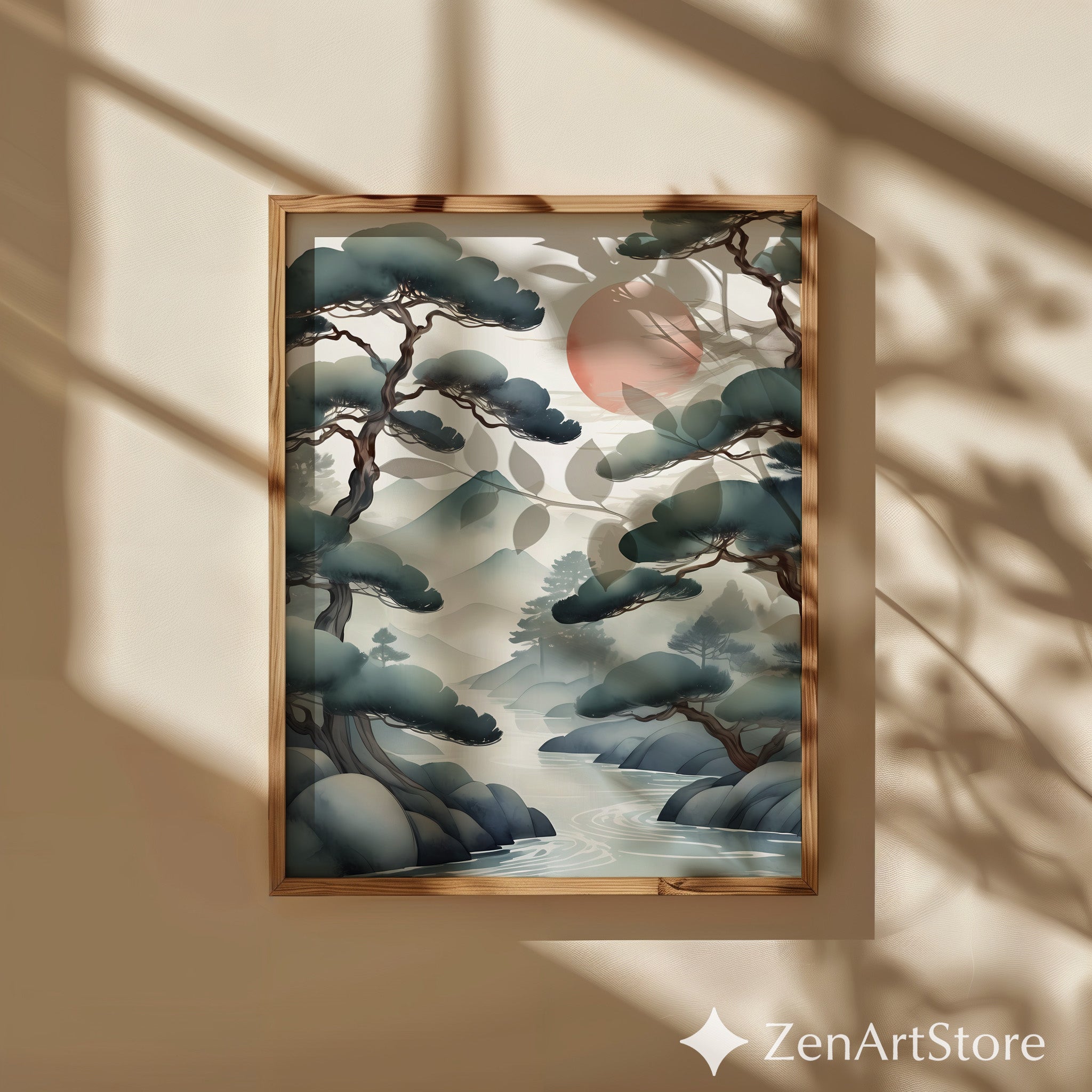 Zen Japanese Landscape Print Misty Pines & Red Sun - Japandi Minimalist Wall Art, Calm Neutral Home Decor (Print or Digital)