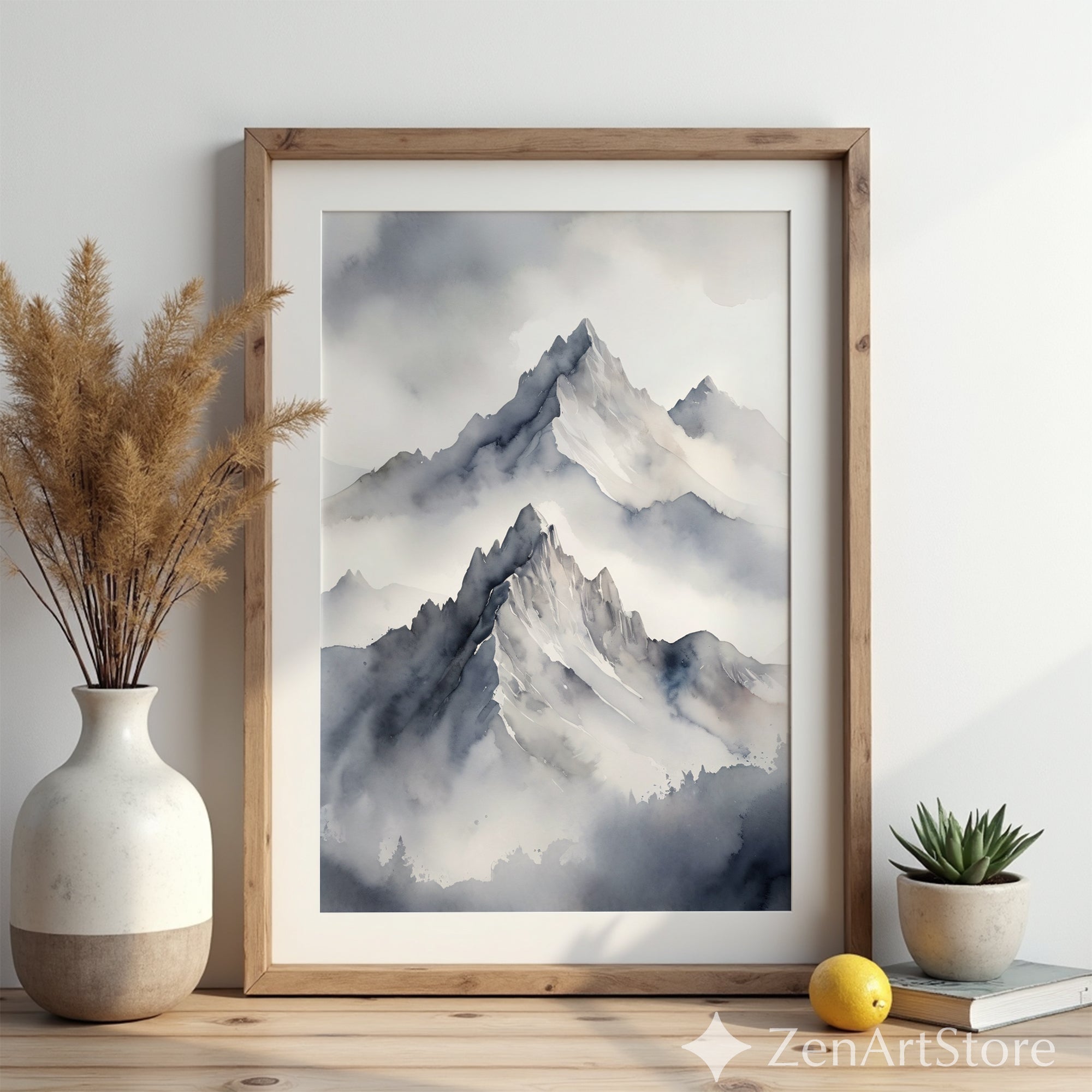 Misty Mountain Watercolor Print - Minimal Neutral Mountain Wall Art, Zen Japandi Scandinavian Landscape for Calm Home Decor