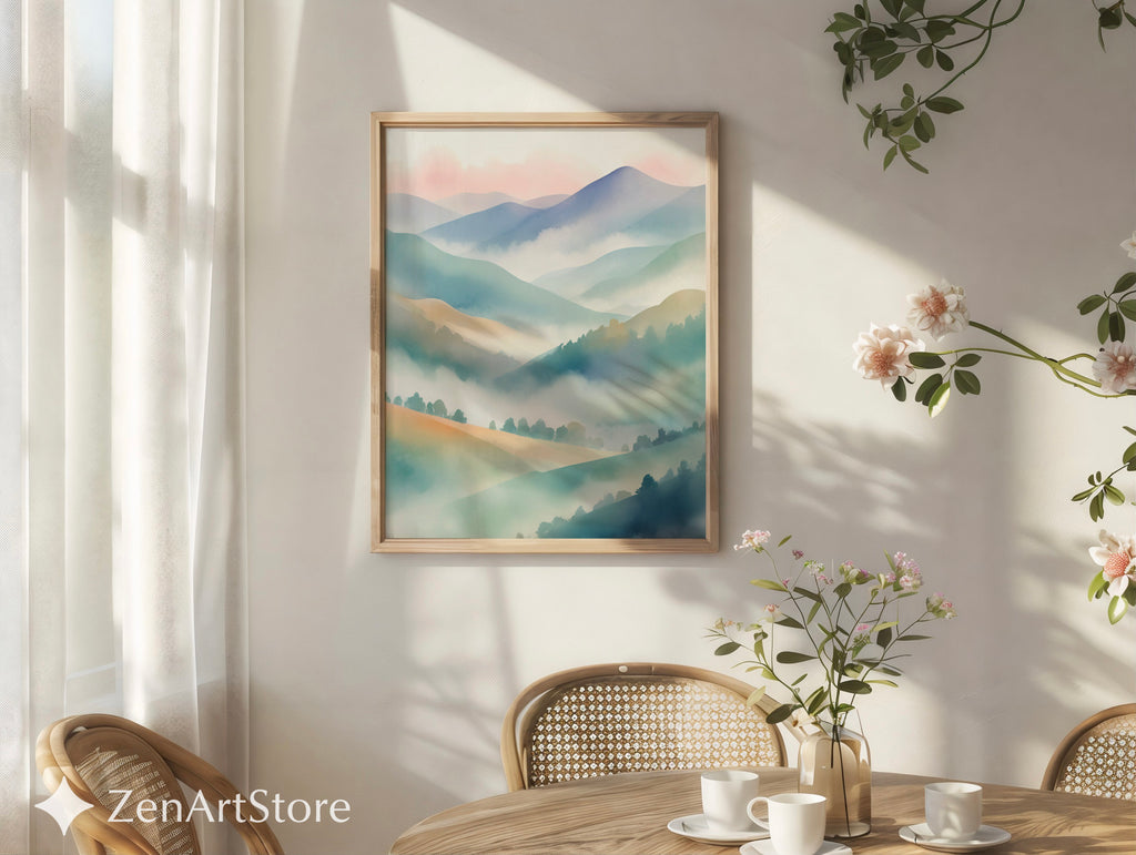 Misty Mountain Pastel Wall Art | Japandi Zen Landscape Print for Calm Minimal Home Decor