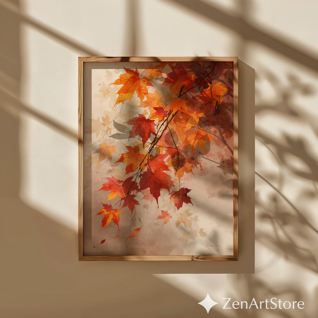 Autumn Maple Leaves Wall Art - Neutral Fall Print, Orange Brown Botanical Decor, Printable & Canvas