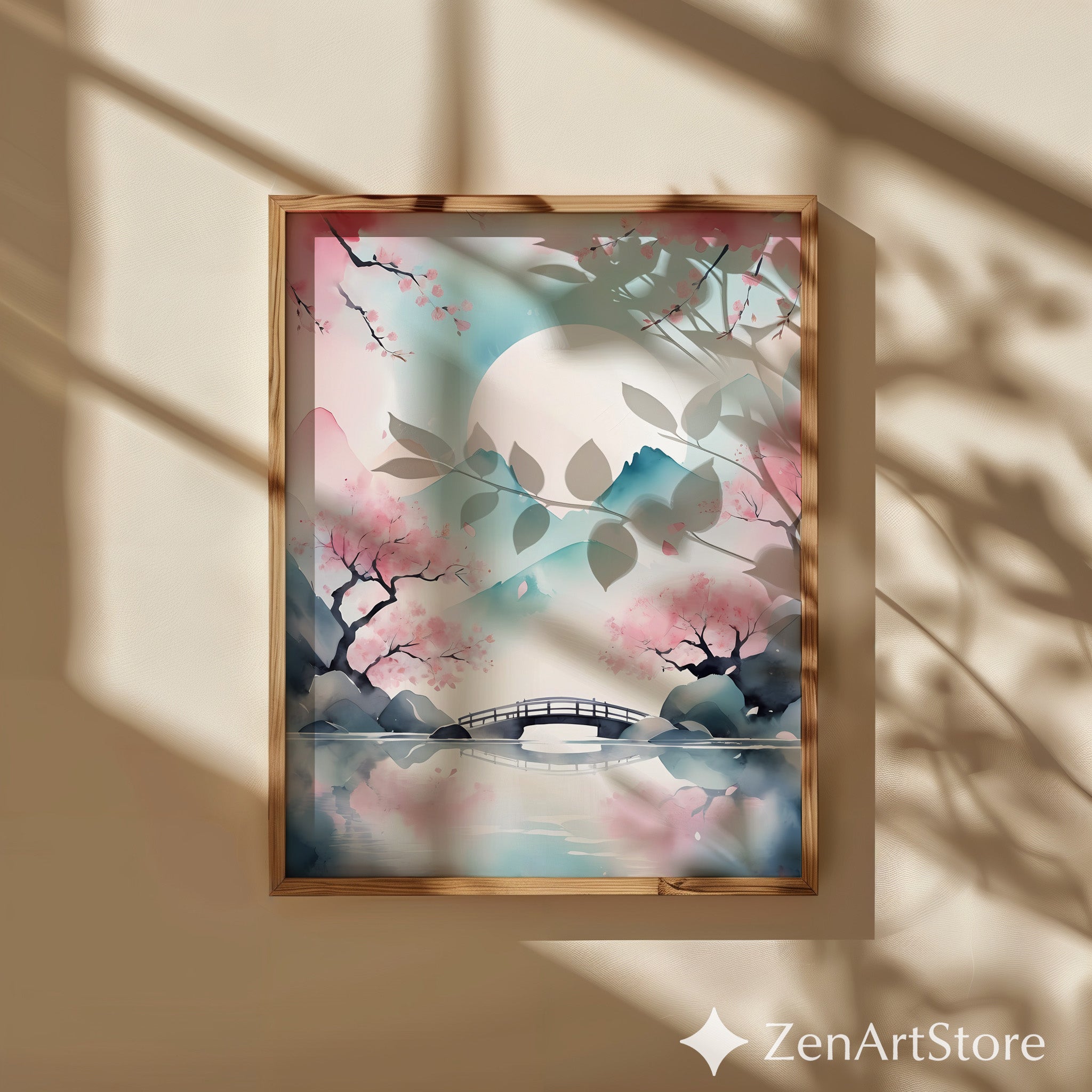 Sakura Moon Watercolor Print - Japanese Cherry Blossom Bridge Wall Art, Pastel Zen Landscape, Japandi Minimal Home Decor