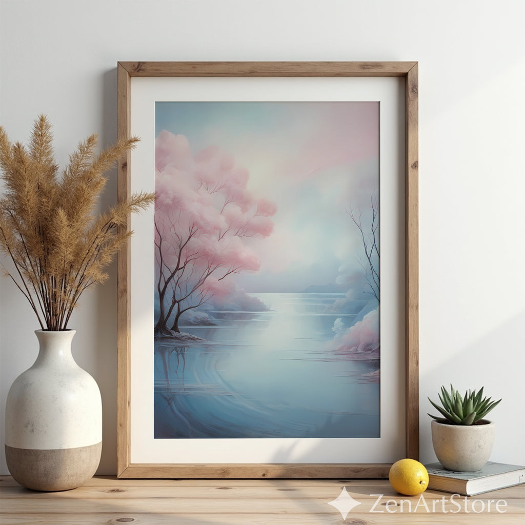 Serene Pastel Landscape Art Print - Pink Tree Lake Wall Art, Zen Minimal Japandi Home Decor