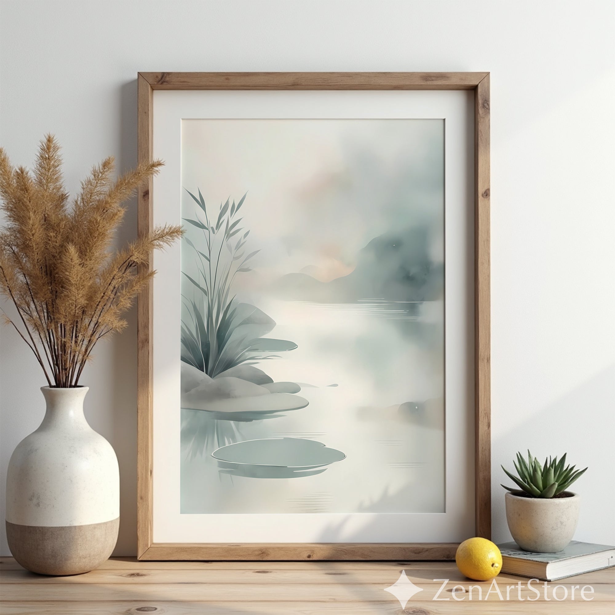 Minimal Zen Lake Wall Art - Japandi Botanical Landscape Print, Calm Neutral Watercolor, Scandinavian Home Decor