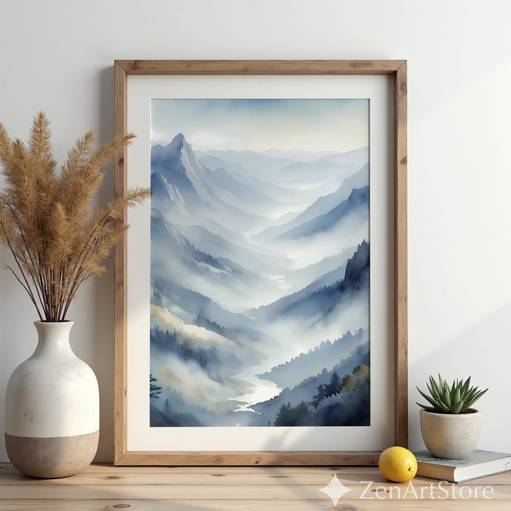 Misty Mountain Valley Wall Art Print - Serene Blue Grey Landscape, Minimalist Japandi Scandinavian Home Decor, Foggy Nature Print