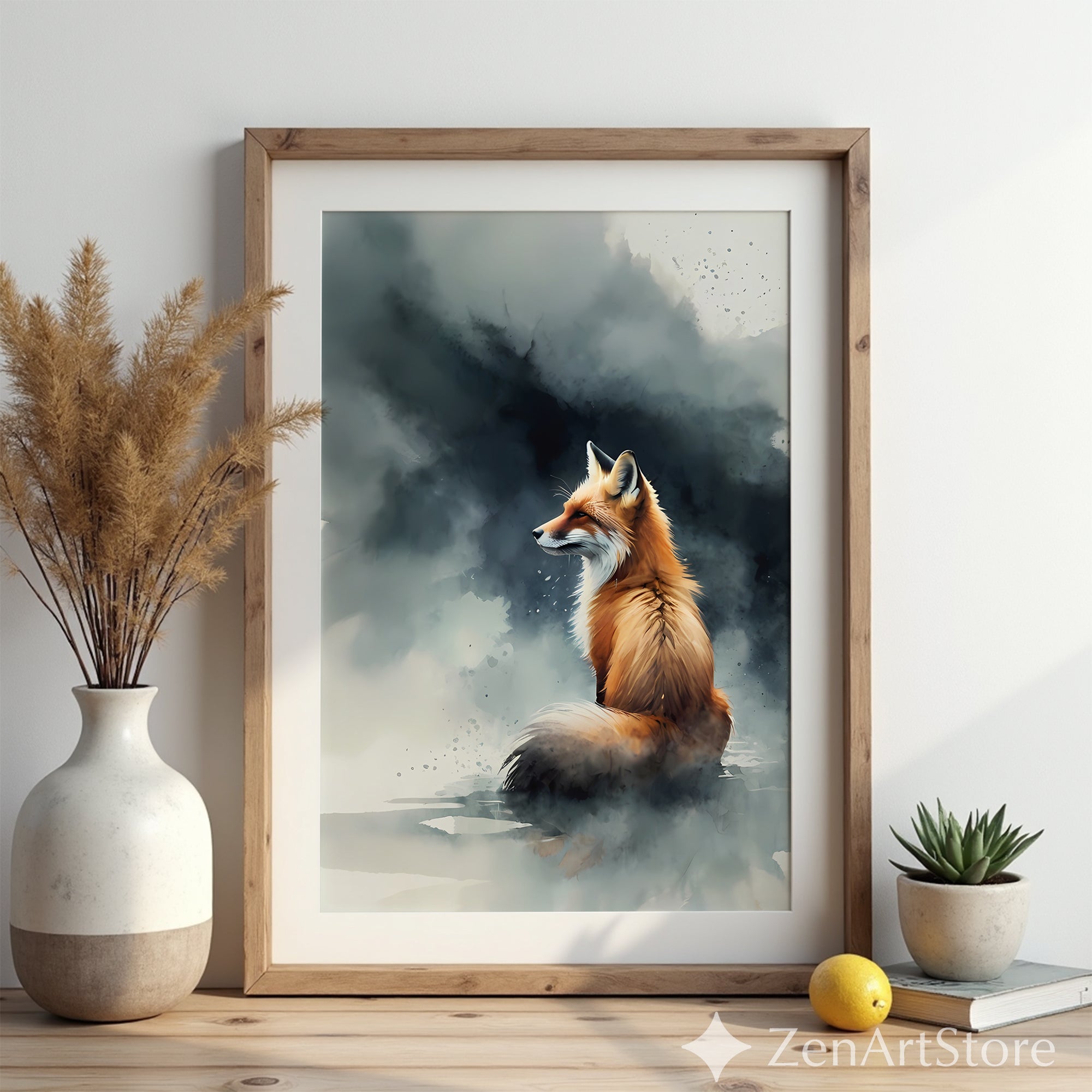 Red Fox Watercolor Art Print - Minimal Fox Wall Art, Woodland Animal Decor for Japandi & Scandinavian Neutral Homes