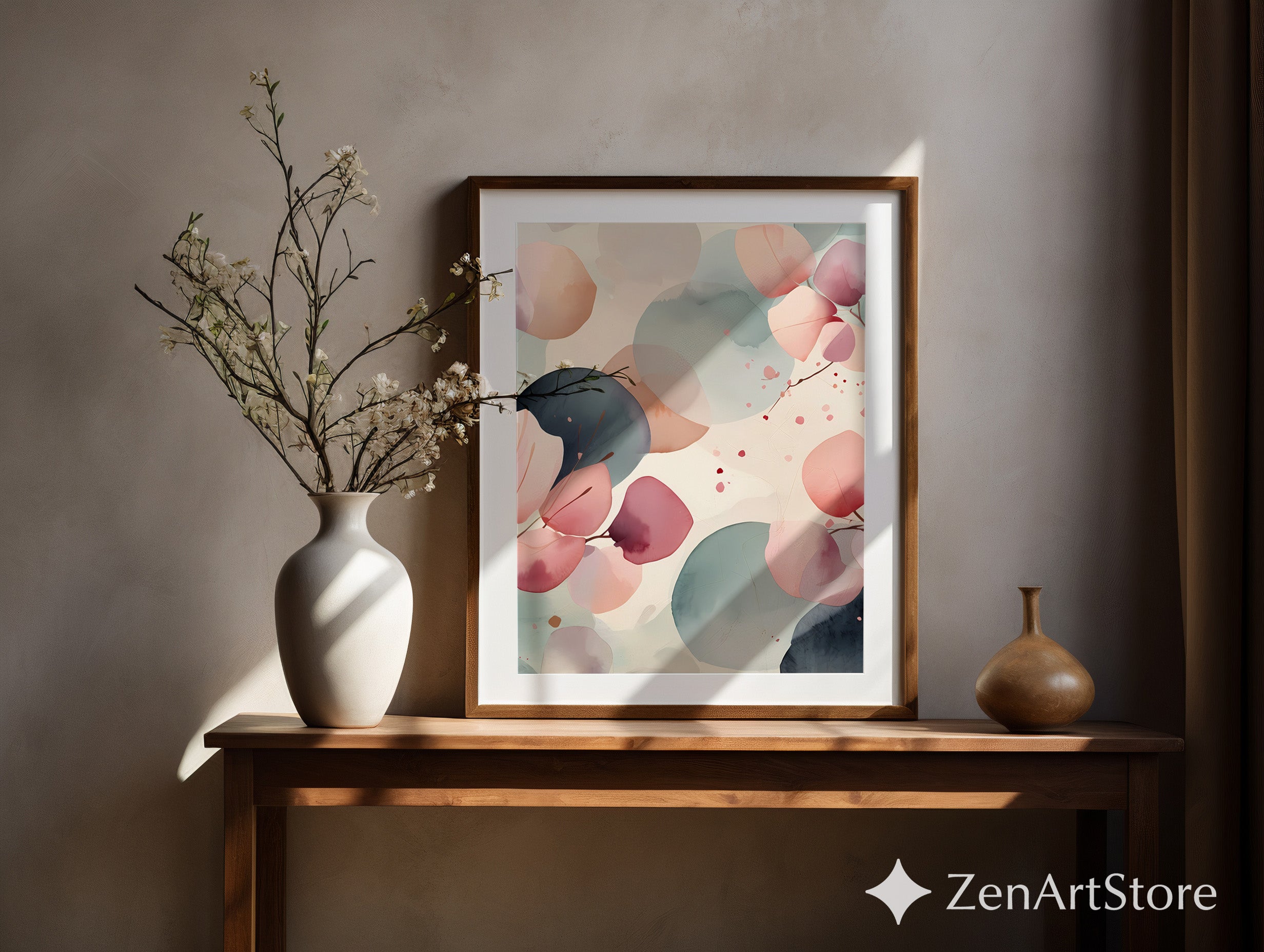 Zen Minimal Japanese Abstract Printable Wall Art - Soft Pink & Teal Watercolor Eucalyptus