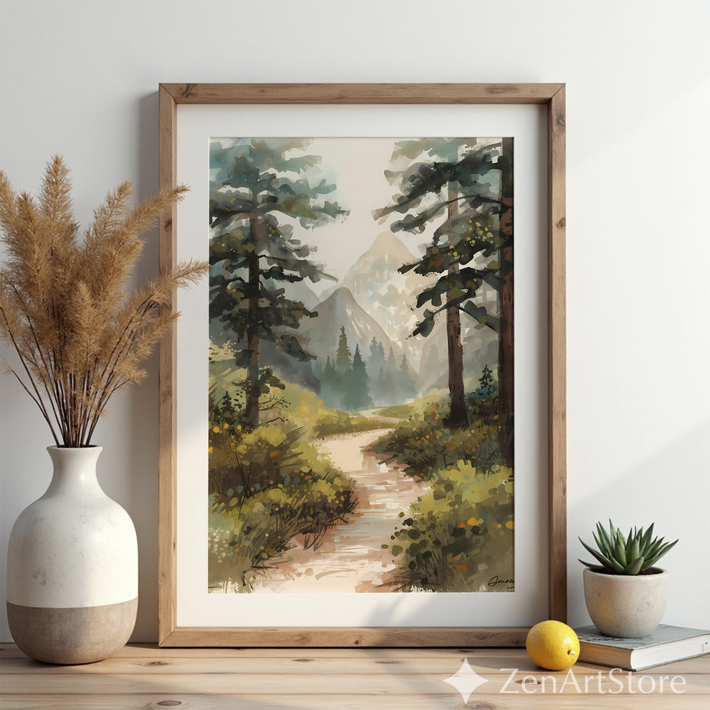 Misty Mountain Path Landscape Art Print - Calm Neutral Forest Painting for Living Room, Bedroom or Cabin Decor