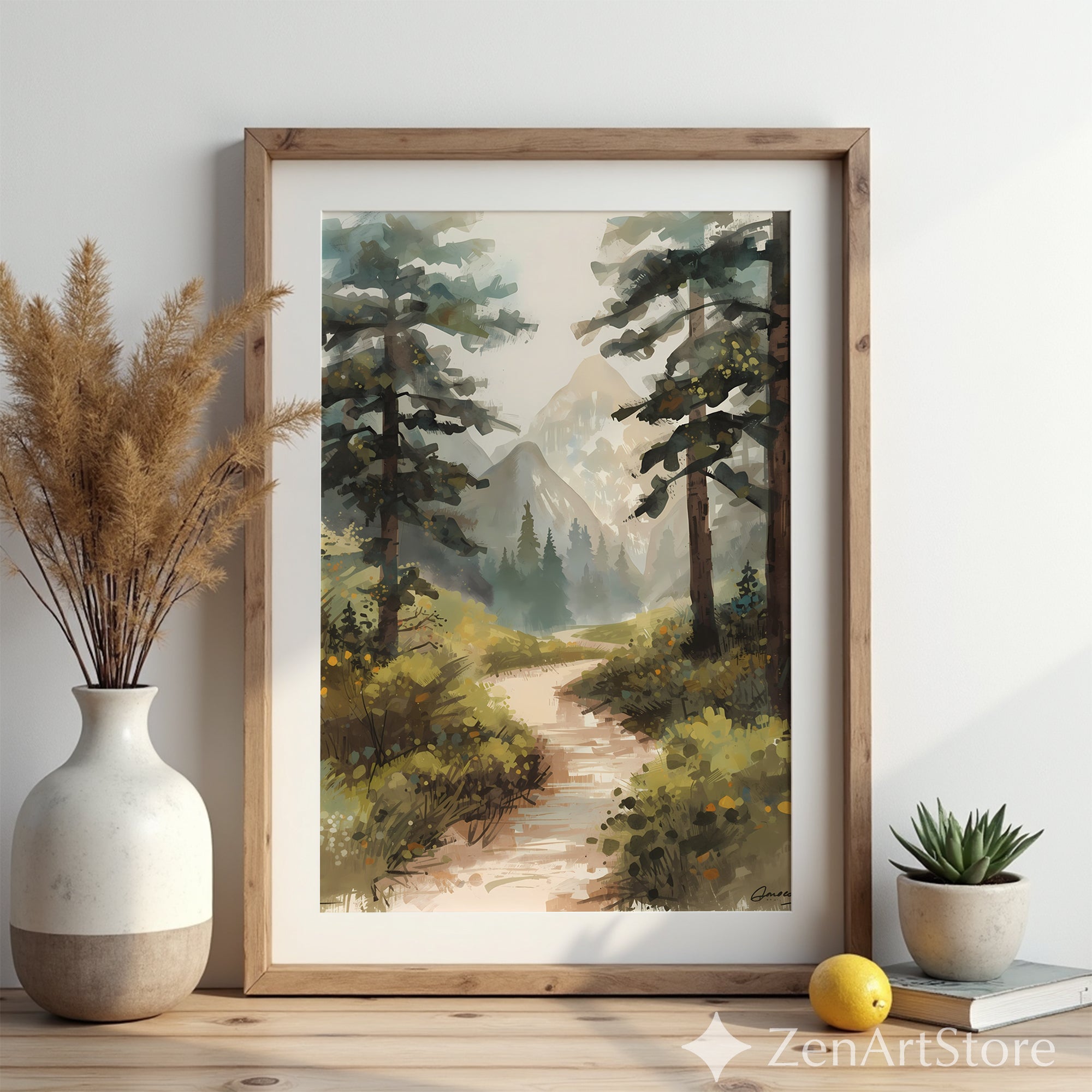 Misty Mountain Path Landscape Art Print - Calm Neutral Forest Painting for Living Room, Bedroom or Cabin Decor