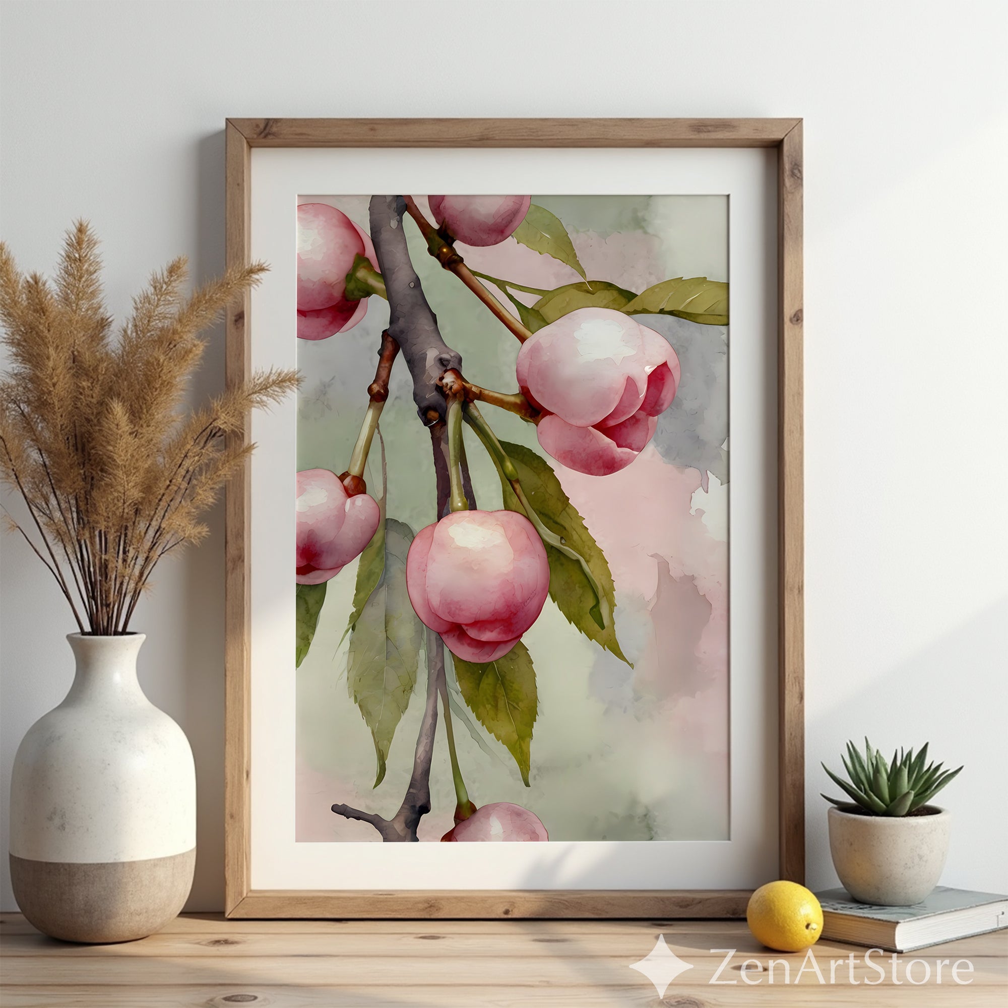 Pink Cherry Botanical Watercolor Art Print - Soft Minimal Floral Wall Decor for Living Room, Bedroom, Nursery, Japandi