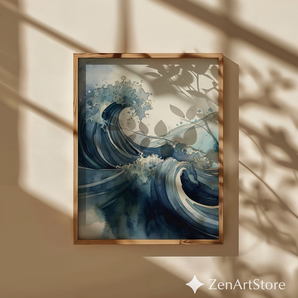 Blue Wave Art Print - Minimal Japanese Wave Abstract, Zen Japandi Coastal Home Decor, Indigo Seascape Wall Art