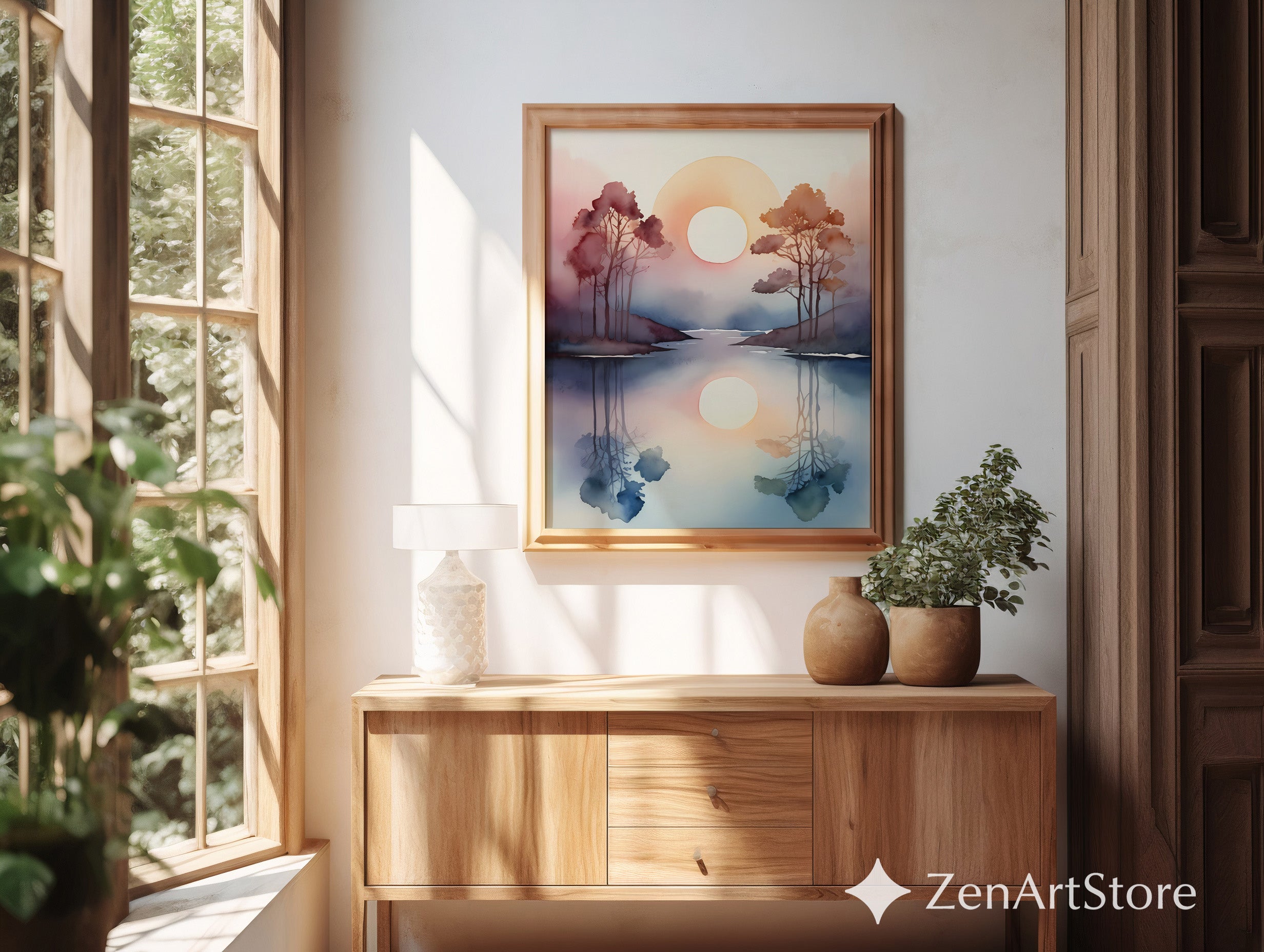 Watercolor Sunrise Reflection Print - Minimal Zen Landscape Wall Art for Japandi, Scandinavian & Boho Home Decor