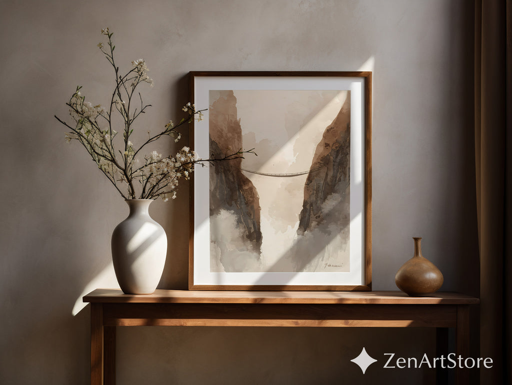 Neutral Mountain Bridge Watercolor Print – Minimal Japandi Wabi Sabi Wall Art for Living Room