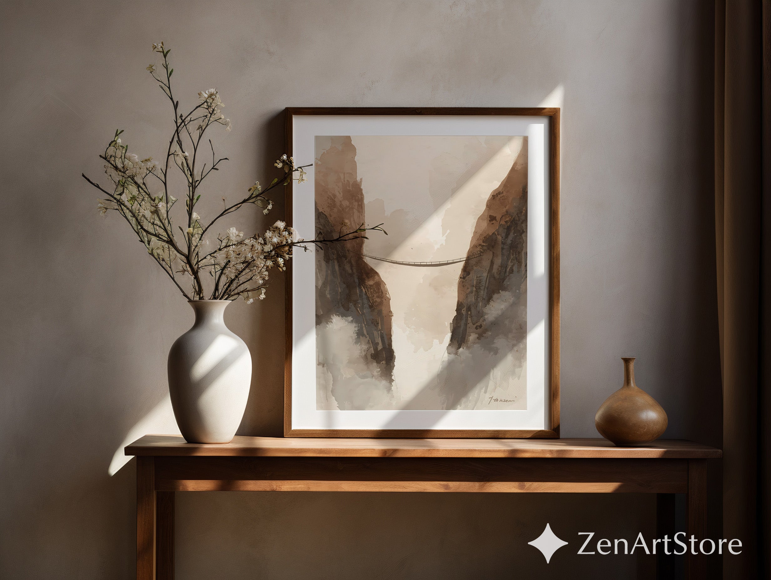 Neutral Mountain Bridge Watercolor Print – Minimal Japandi Wabi Sabi Wall Art for Living Room