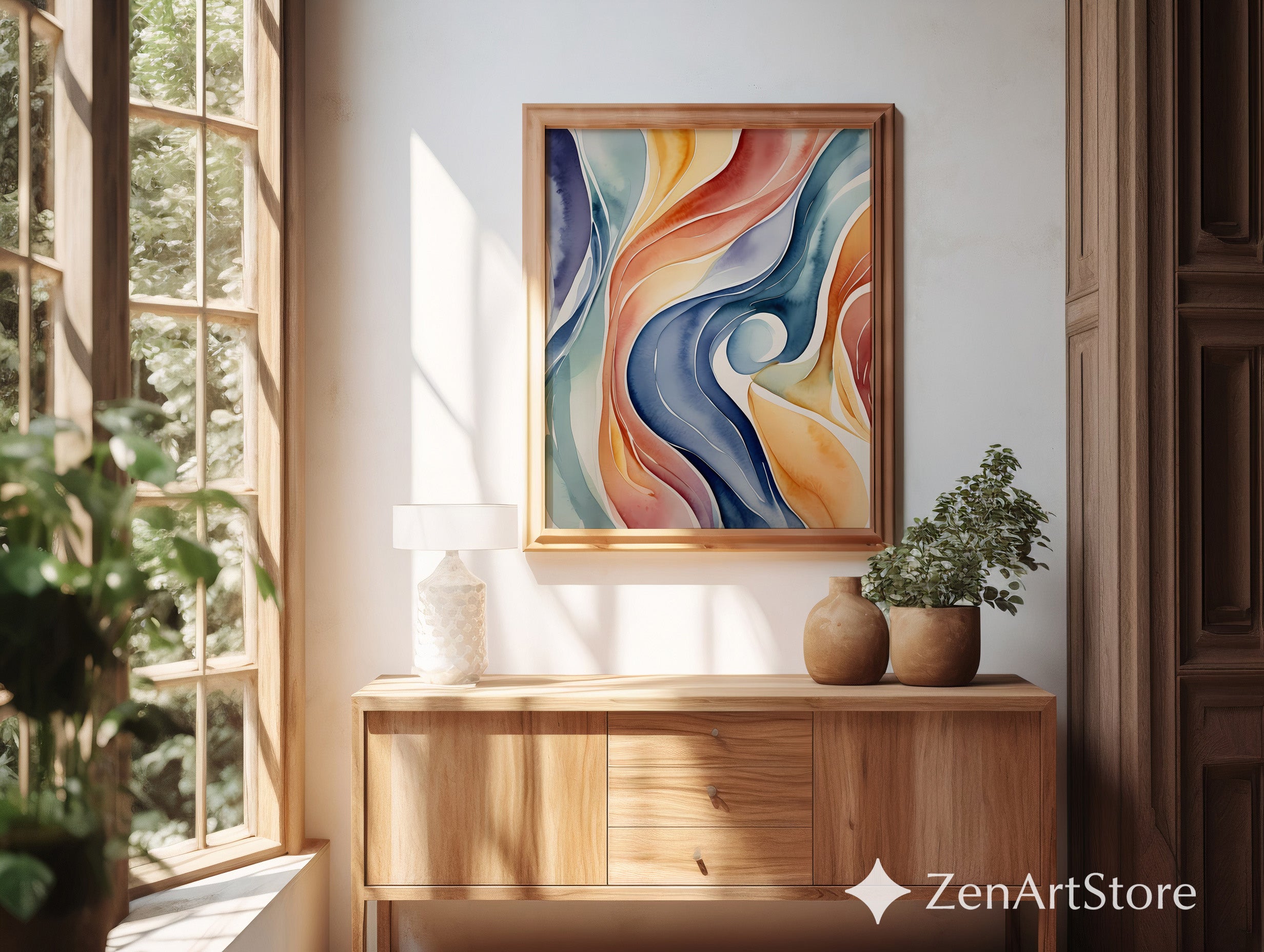 Fluid Watercolor Abstract Wall Art - Calming Organic Waves in Blue Coral Mustard - Modern Mid Century Boho Home Decor Print