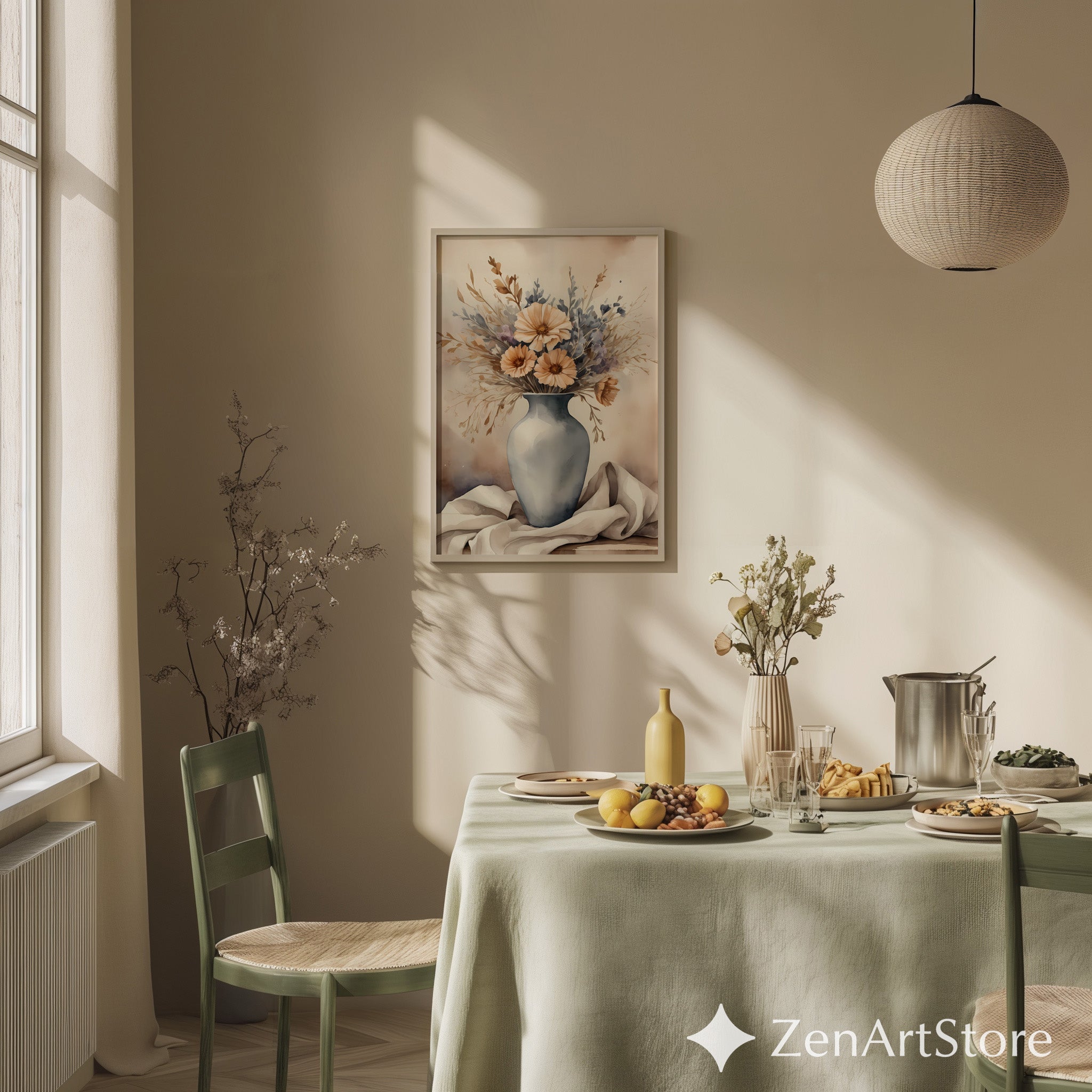 Neutral Floral Vase Art Print - Japandi Wabi Sabi Beige Botanical Wall Decor, Minimal Scandinavian Home Accent