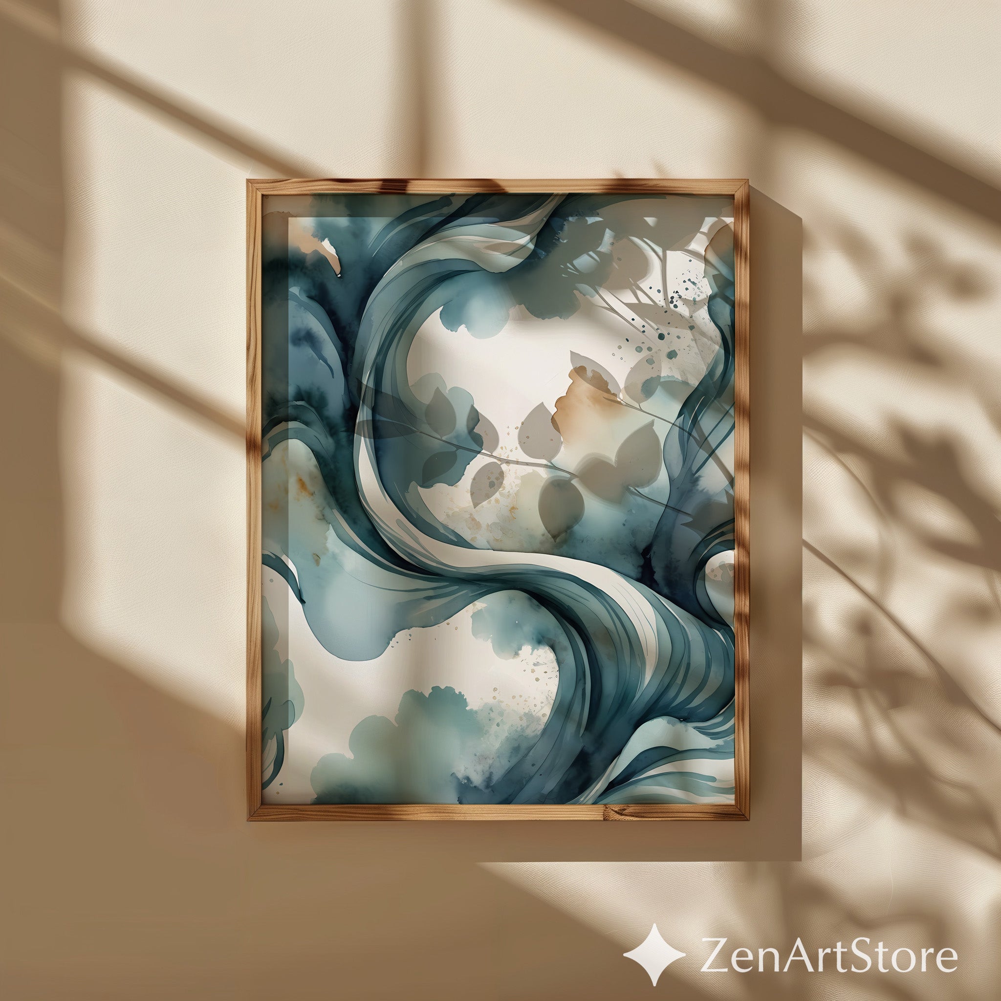 Teal Abstract Wave Wall Art - Modern Watercolor Print for Japandi, Minimalist Blue Beige Home Decor