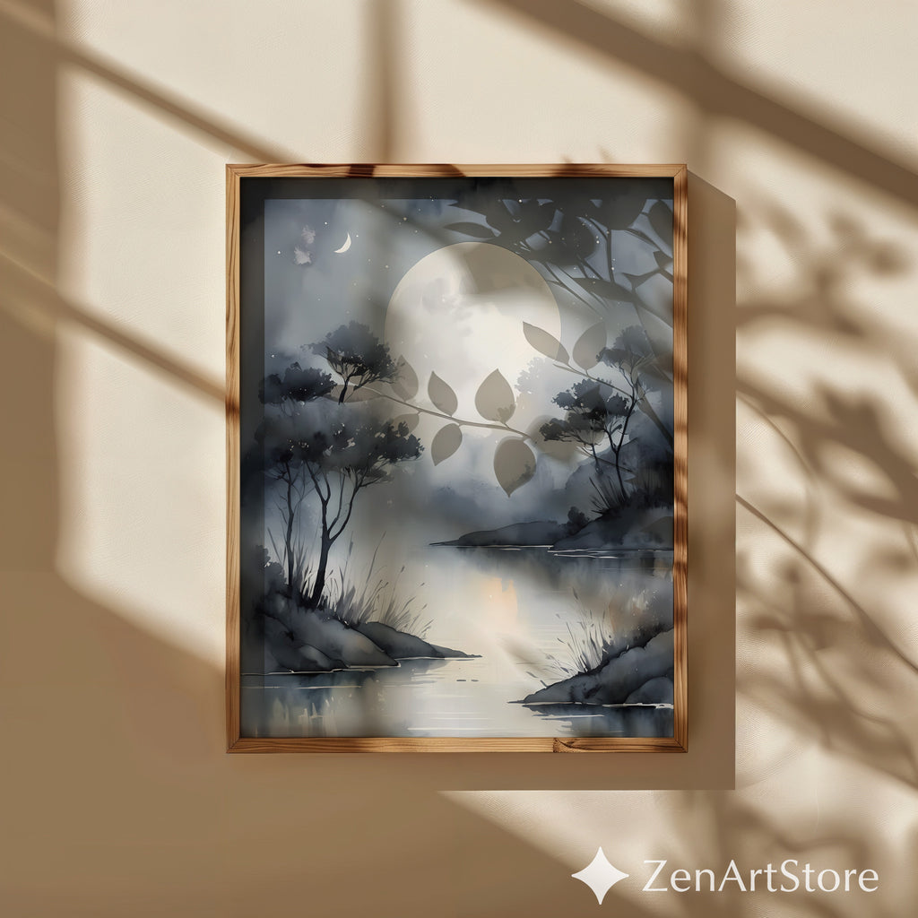 Moonlit Lake Wall Art Print - Serene Minimalist Moon Landscape, Grayscale Japandi Zen Home Decor