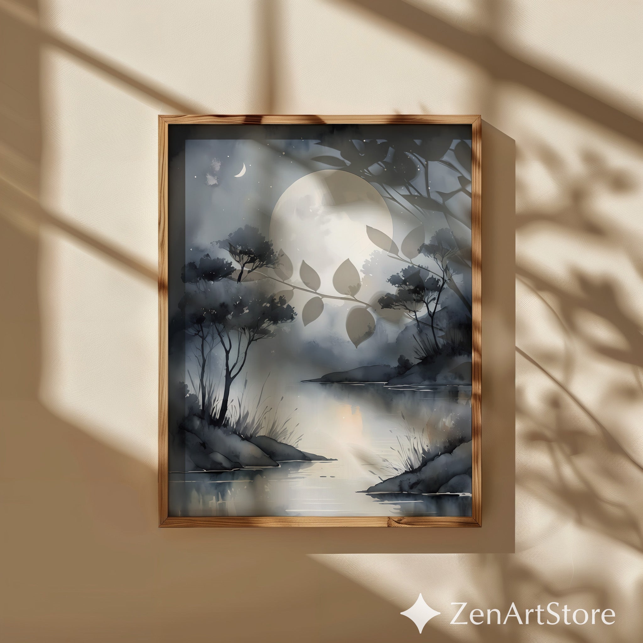 Moonlit Lake Wall Art Print - Serene Minimalist Moon Landscape, Grayscale Japandi Zen Home Decor