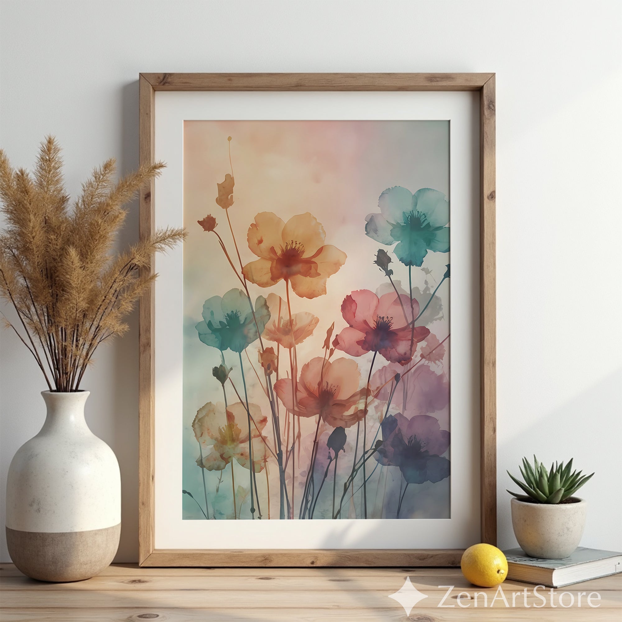 Watercolor Floral Wall Art Print - Pastel Botanical Poster, Calm Boho Minimalist Decor for Living Room, Bedroom, Japandi Scandinavian
