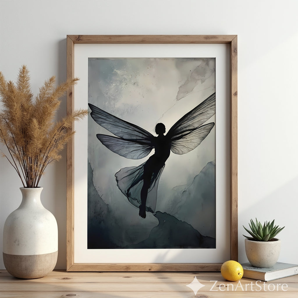 Ethereal Fairy Silhouette Wall Art - Minimal Neutral Wings Print for Japandi Wabi-Sabi Scandinavian Decor