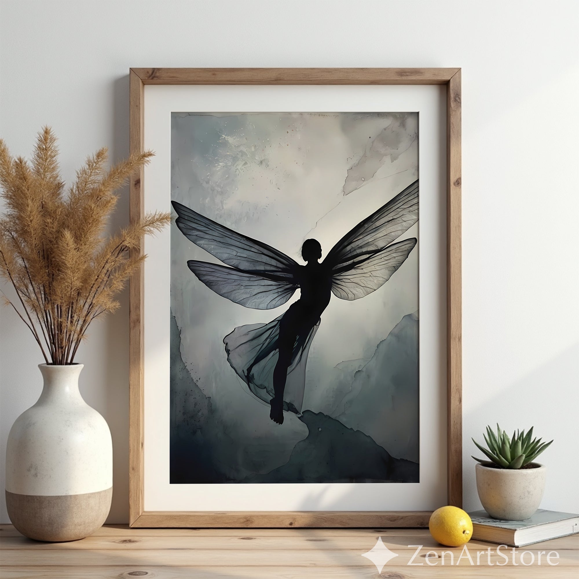 Ethereal Fairy Silhouette Wall Art - Minimal Neutral Wings Print for Japandi Wabi-Sabi Scandinavian Decor