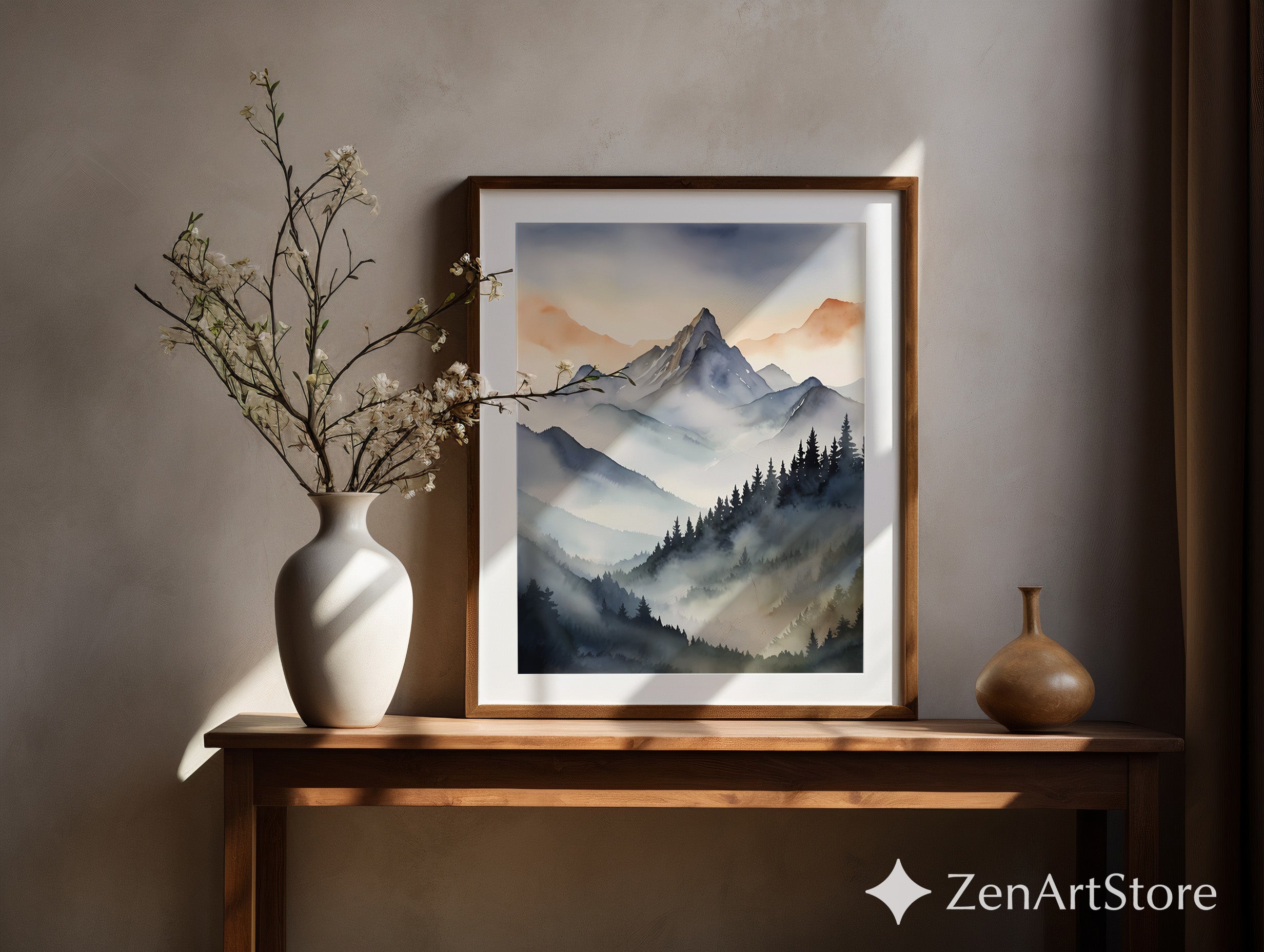 Misty Mountain Wall Art - Neutral Watercolor Landscape Print, Japandi Scandinavian Zen Home Decor, Modern Mountain Poster