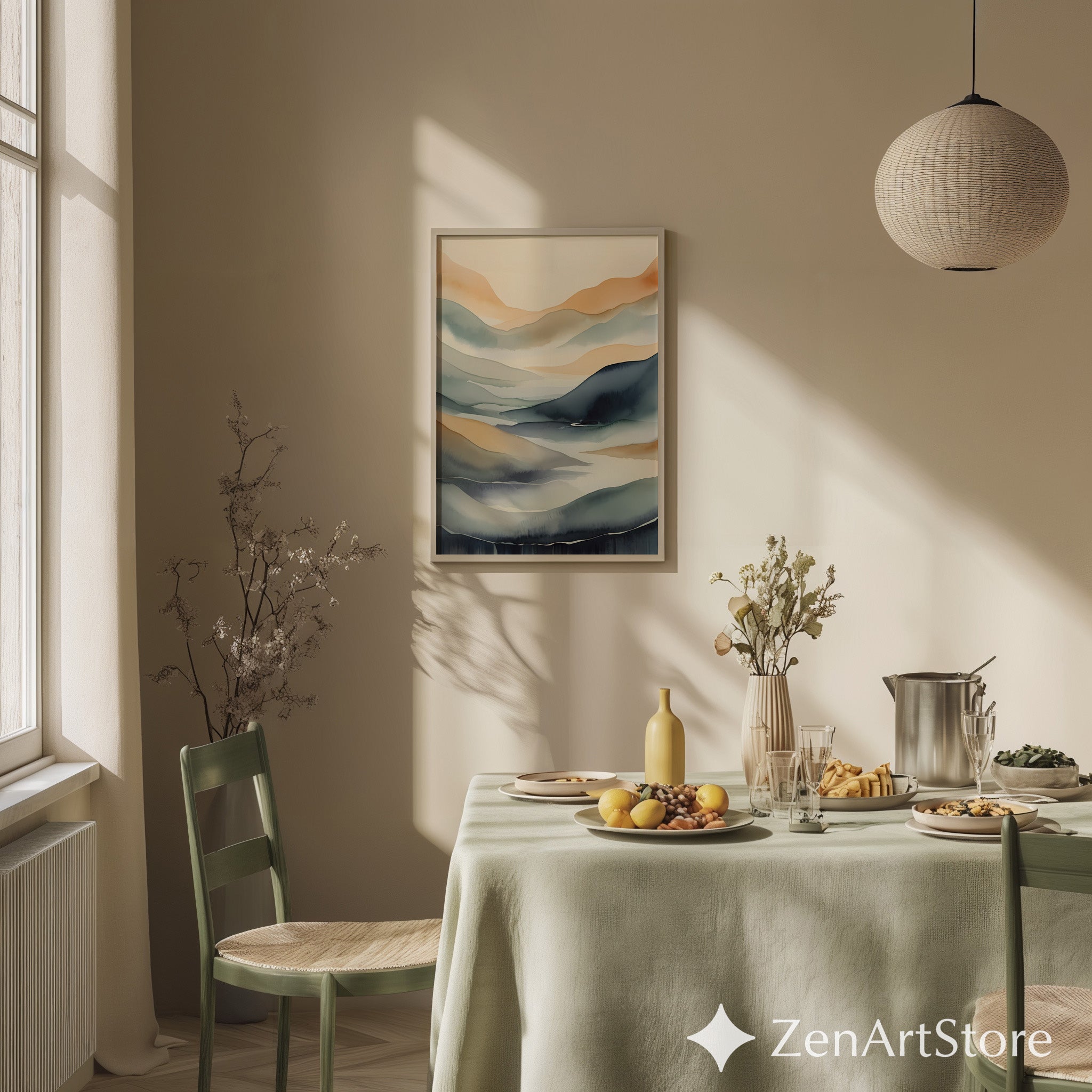 Muted Watercolor Mountain Print – Minimal Abstract Landscape Wall Art, Neutral Japandi Zen Decor for Living Room & Bedroom