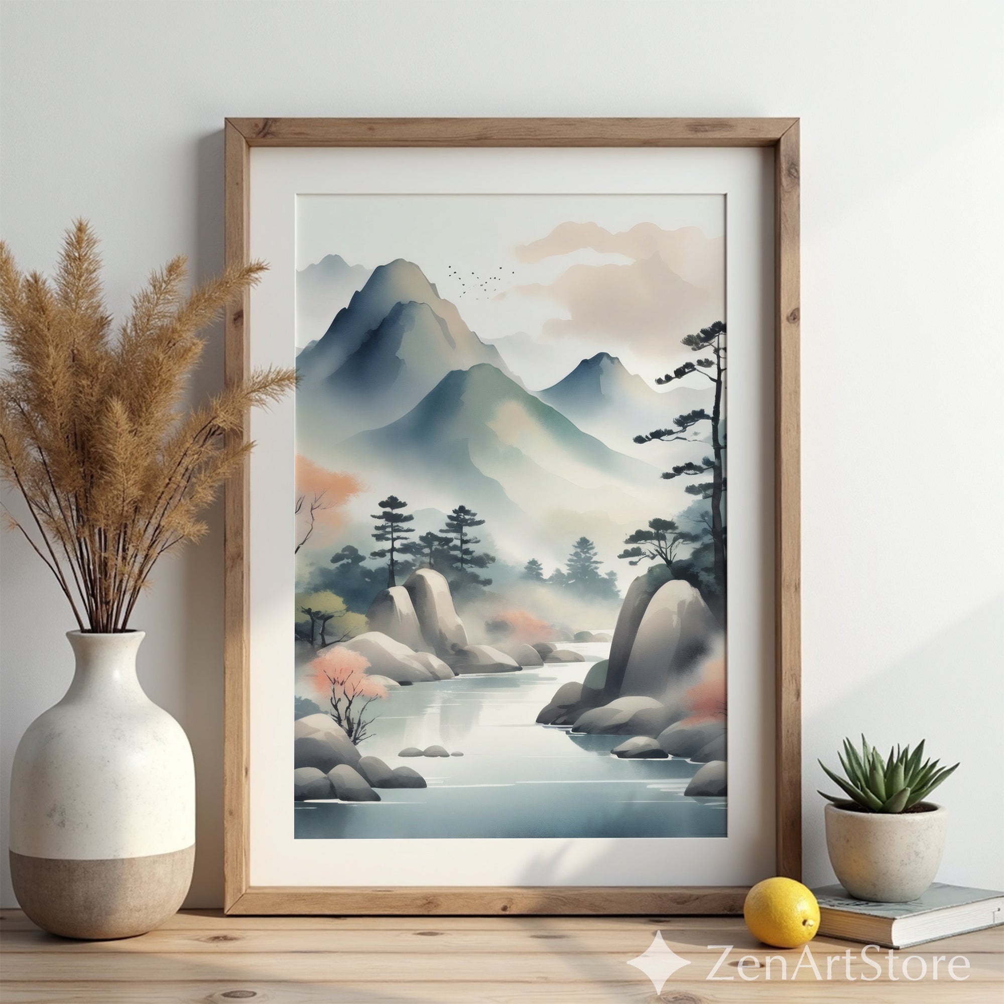 Misty Mountain River Watercolor Print - Japandi Zen Landscape Art for Minimal Neutral Home Decor