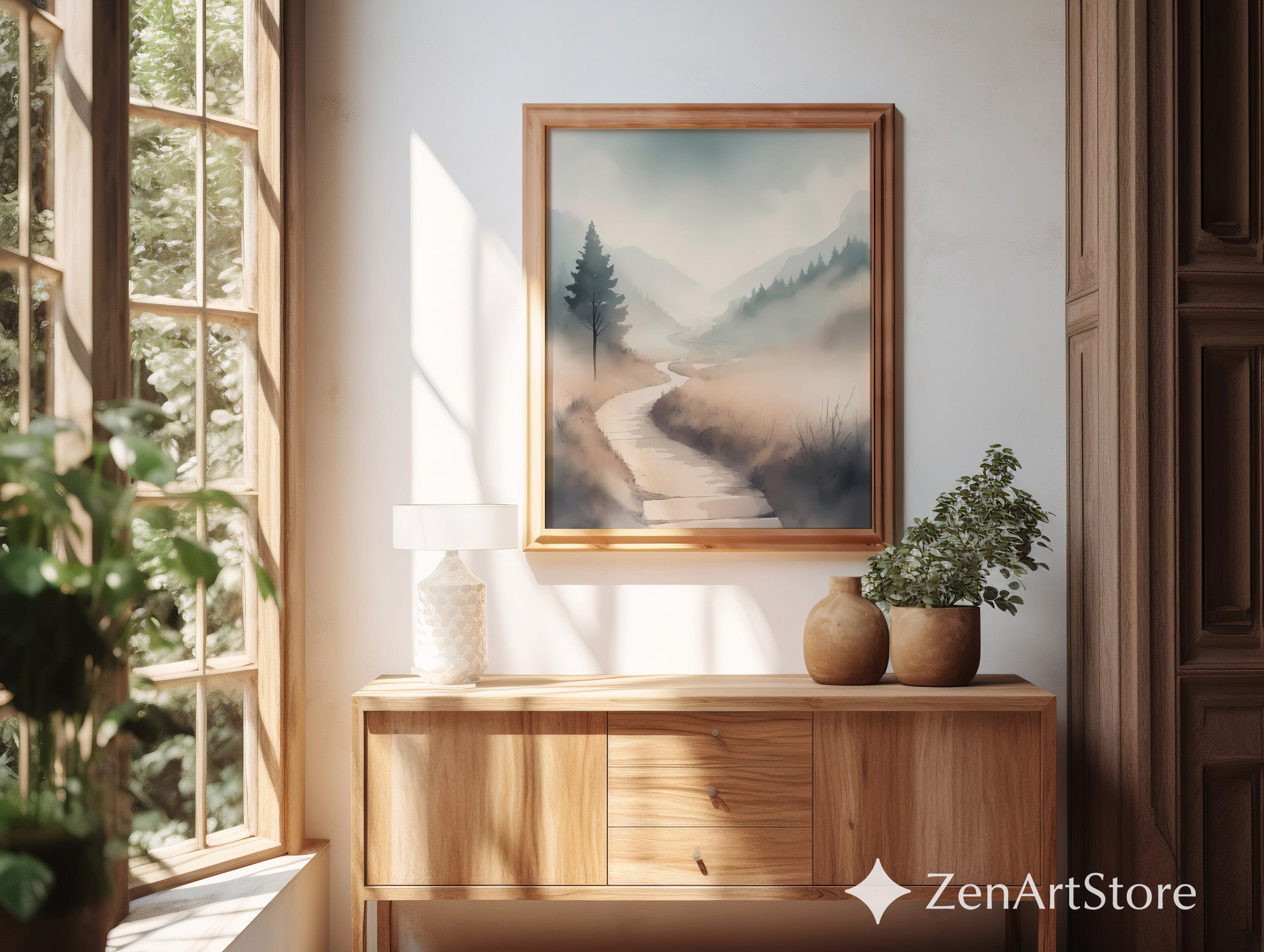 Misty Valley Path Print — Neutral Minimal Landscape Art for Japandi, Wabi Sabi Home Decor