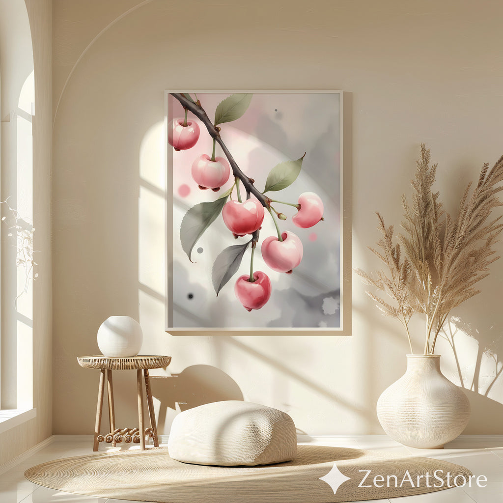 Pink Cherry Art Print Minimal Botanical Wall Art Pastel Fruit Poster for Kitchen Nursery Japandi Scandinavian Home Decor