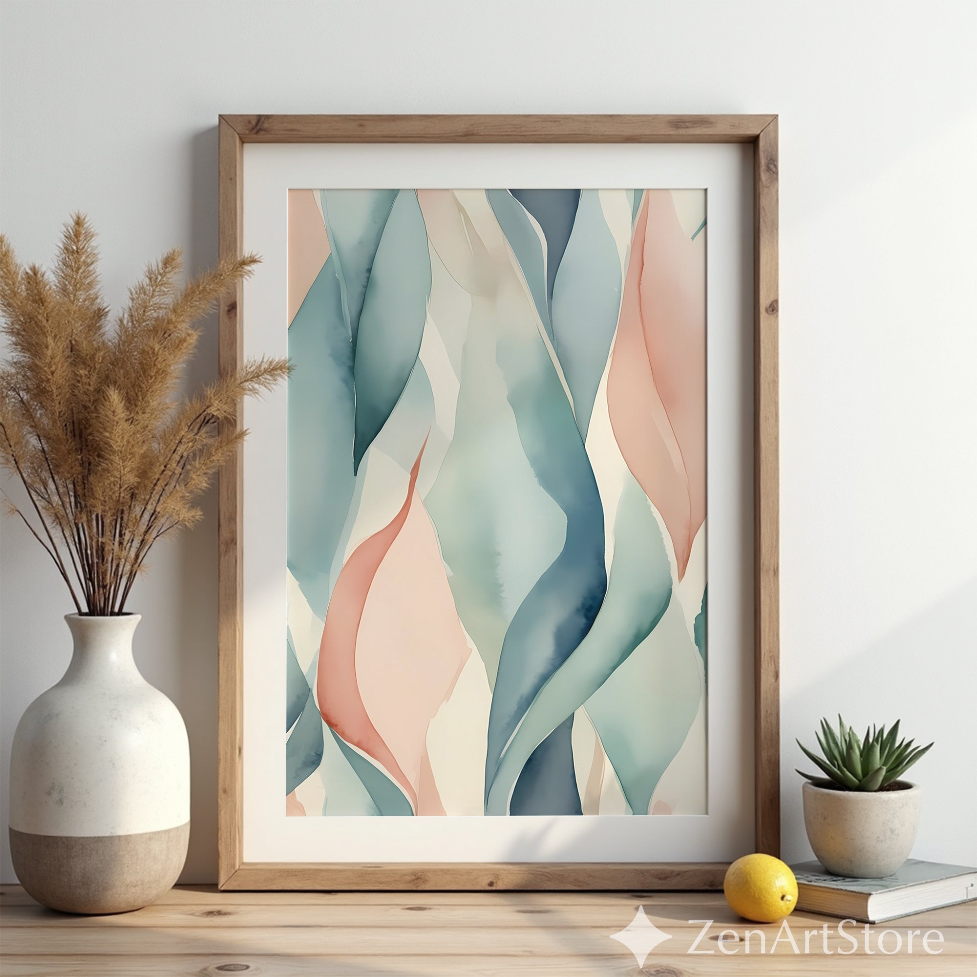 Soft Abstract Leaf Watercolor Print - Blush & Teal Minimal Wall Art for Living Room, Japandi Scandinavian Home Decor