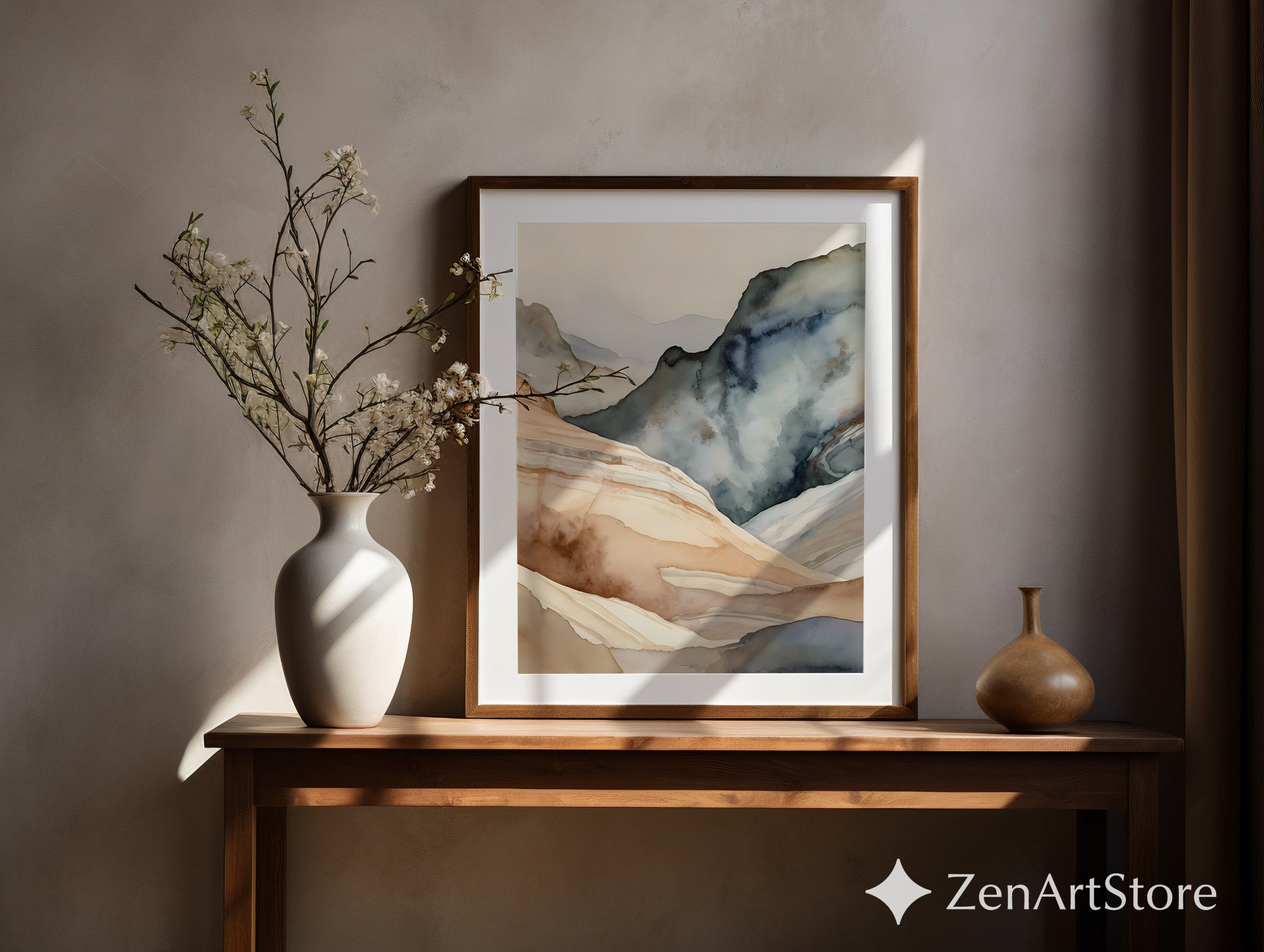 Abstract Neutral Mountain Wall Art - Japandi Watercolor Landscape Print, Minimal Beige & Blue Modern Home Decor