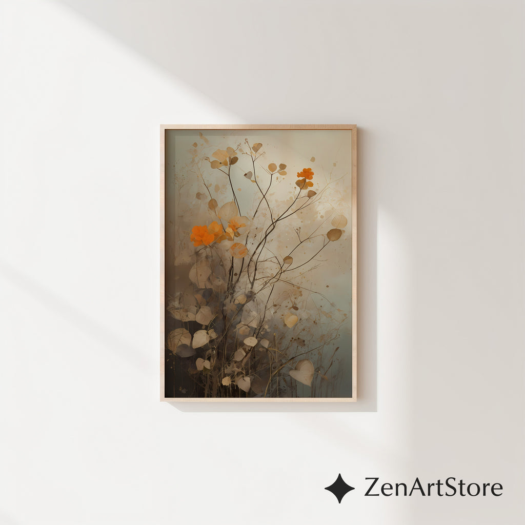 Neutral Botanical Wall Art with Orange Accent – Minimal Abstract Floral Print for Japandi, Wabi Sabi & Scandinavian Home Decor