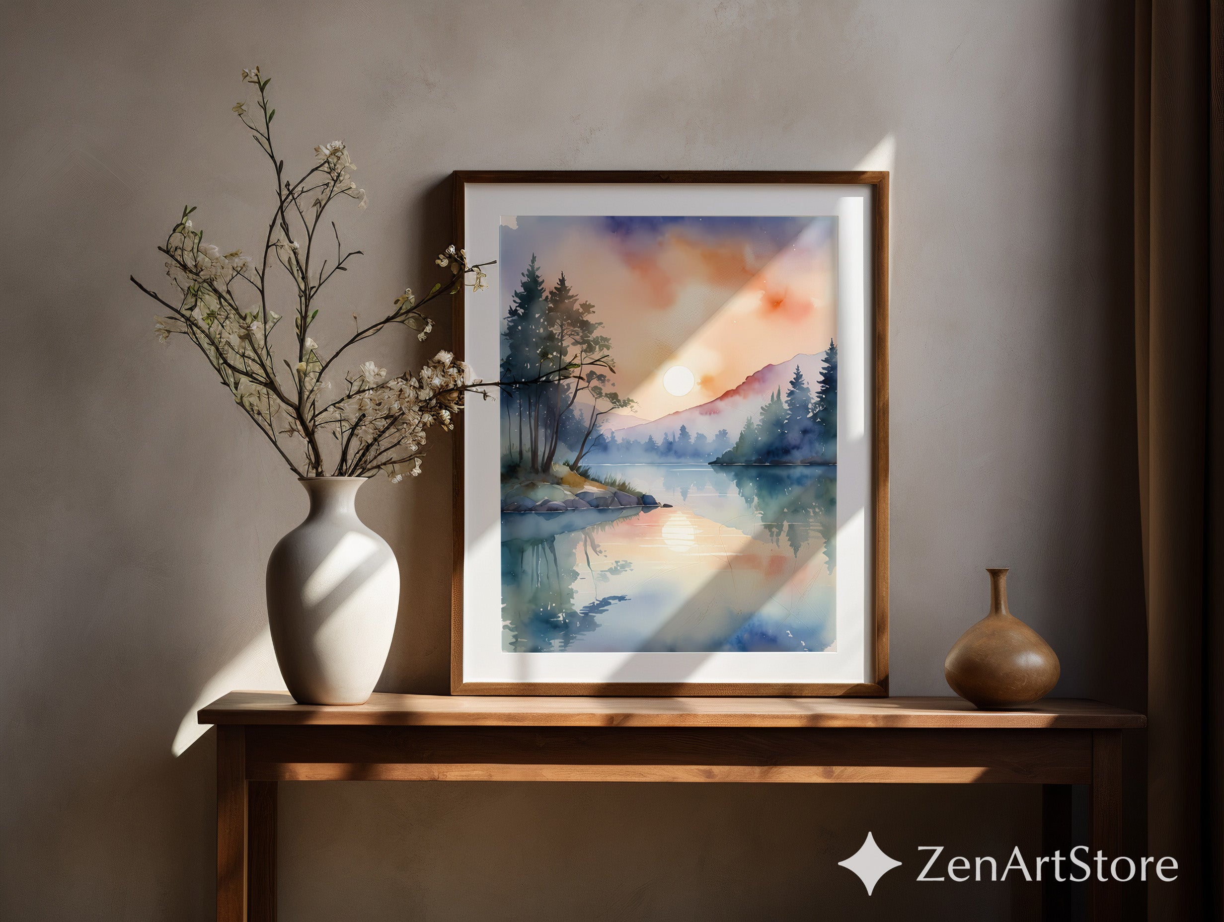 Sunrise Lake Watercolor Print - Misty Mountain Reflection Wall Art, Serene Zen Minimal Nature Decor