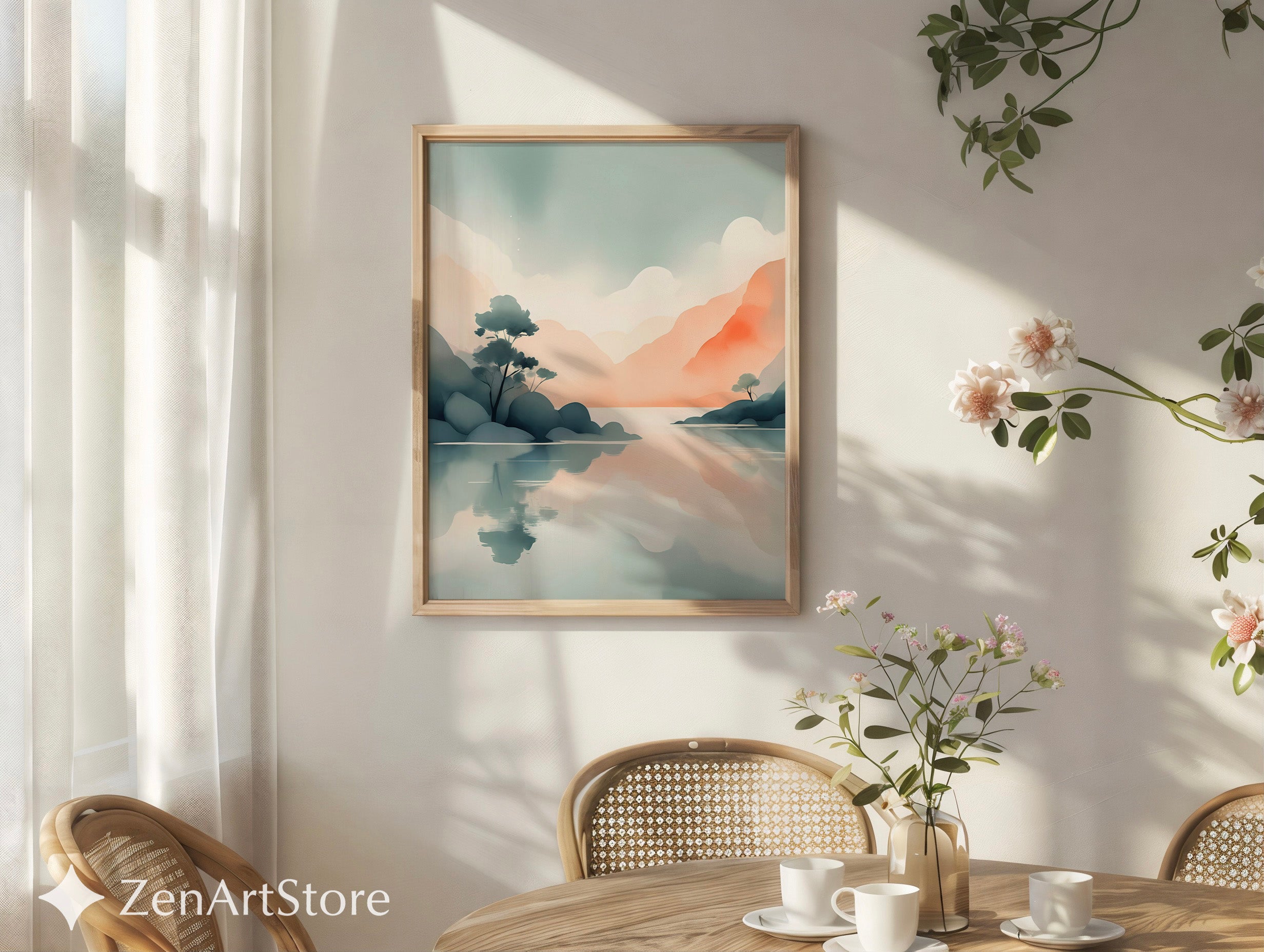Zen Japandi Pastel Landscape Print - Minimal Mountain Lake Wall Art, Calm Abstract Reflection, Neutral Home Decor Printable