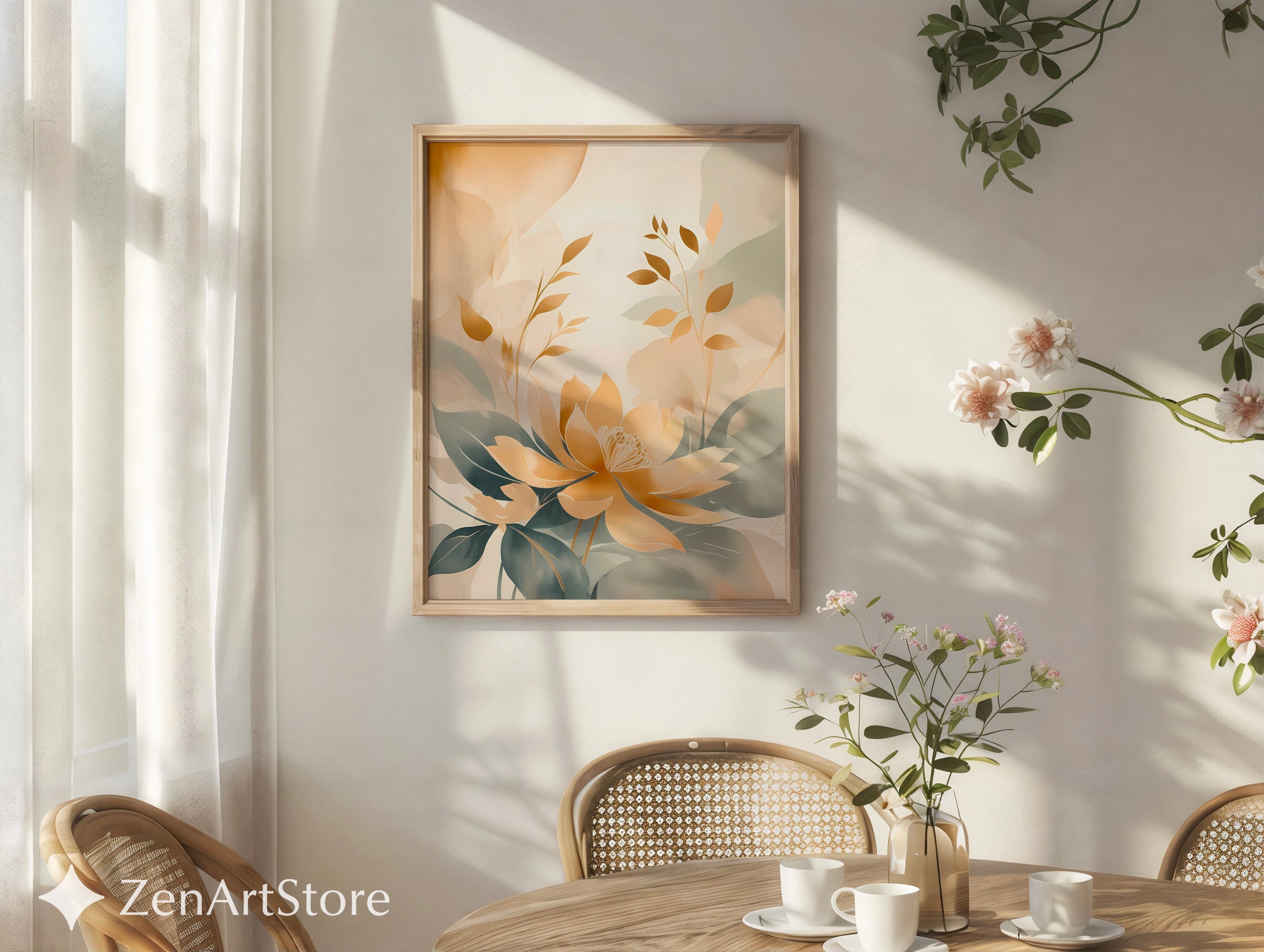Golden Lotus Botanical Wall Art - Neutral Beige & Sage Floral Print, Japandi Minimalist Abstract Flower Poster
