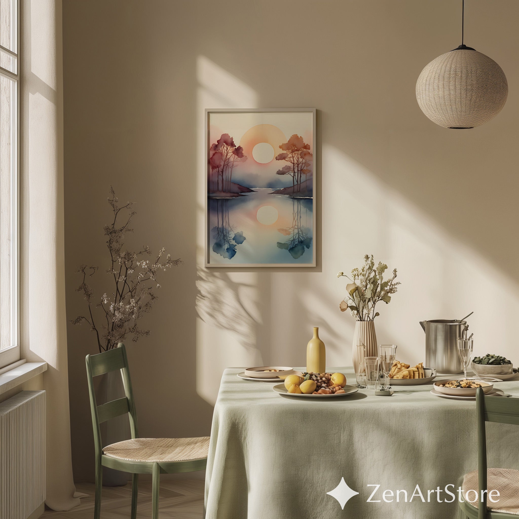 Watercolor Sunrise Reflection Print - Minimal Zen Landscape Wall Art for Japandi, Scandinavian & Boho Home Decor